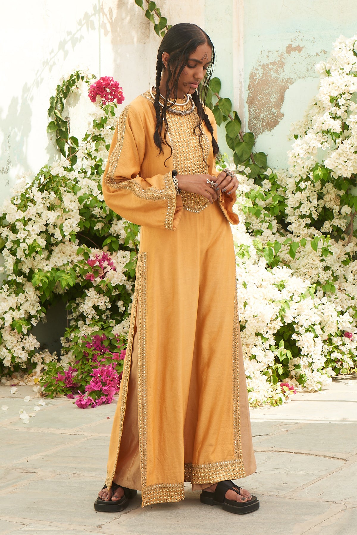 Honeycomb Yellow Danka Jalabia with Beige Pants