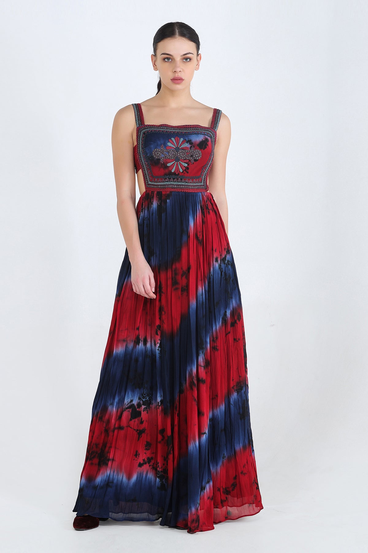Blue, Red And Charcoal Tie And Dye Georgette Cut Out Maxi With Embroidered Bodice