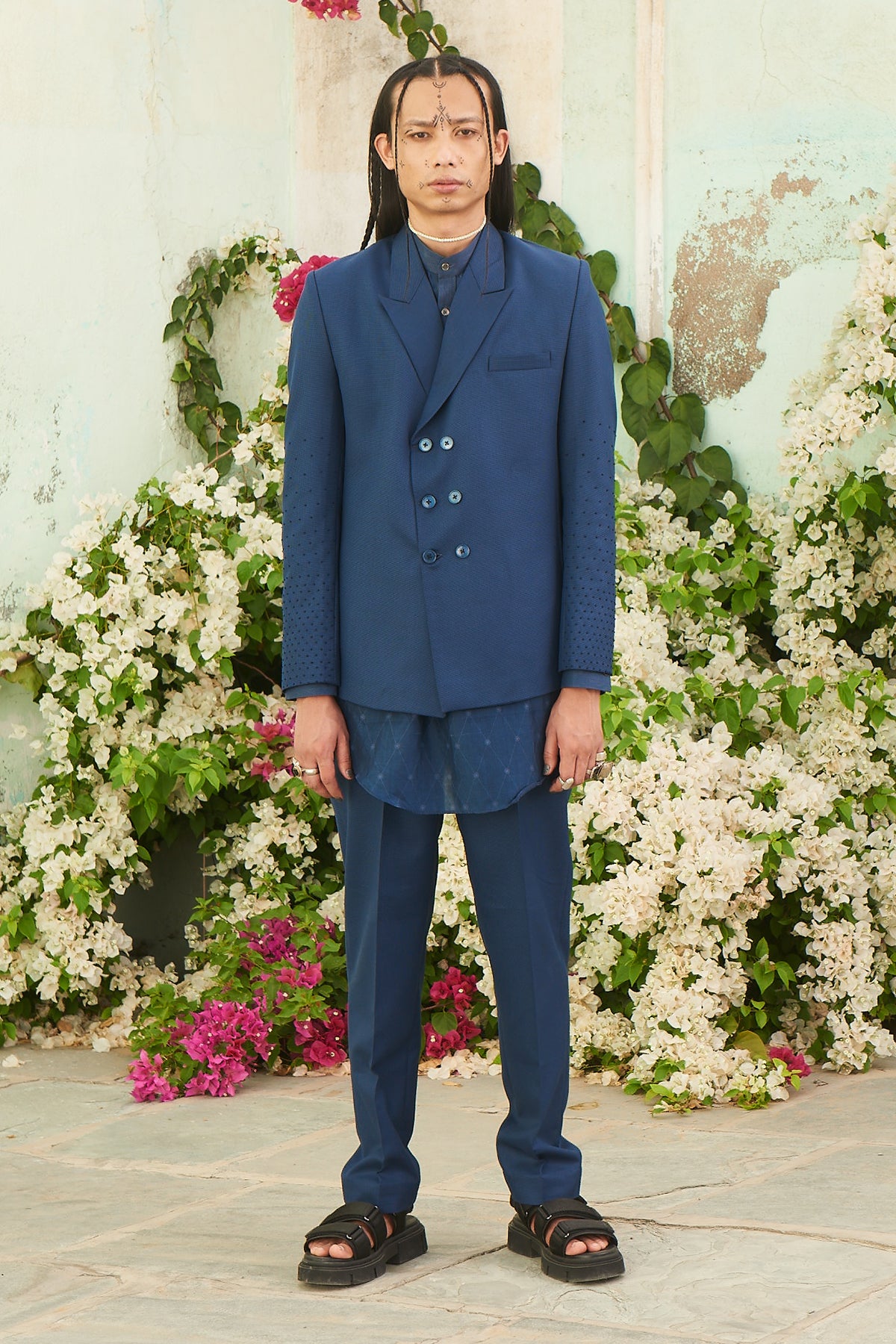 Twill Shawl Collar Blazer with Matching Kurta and Pants