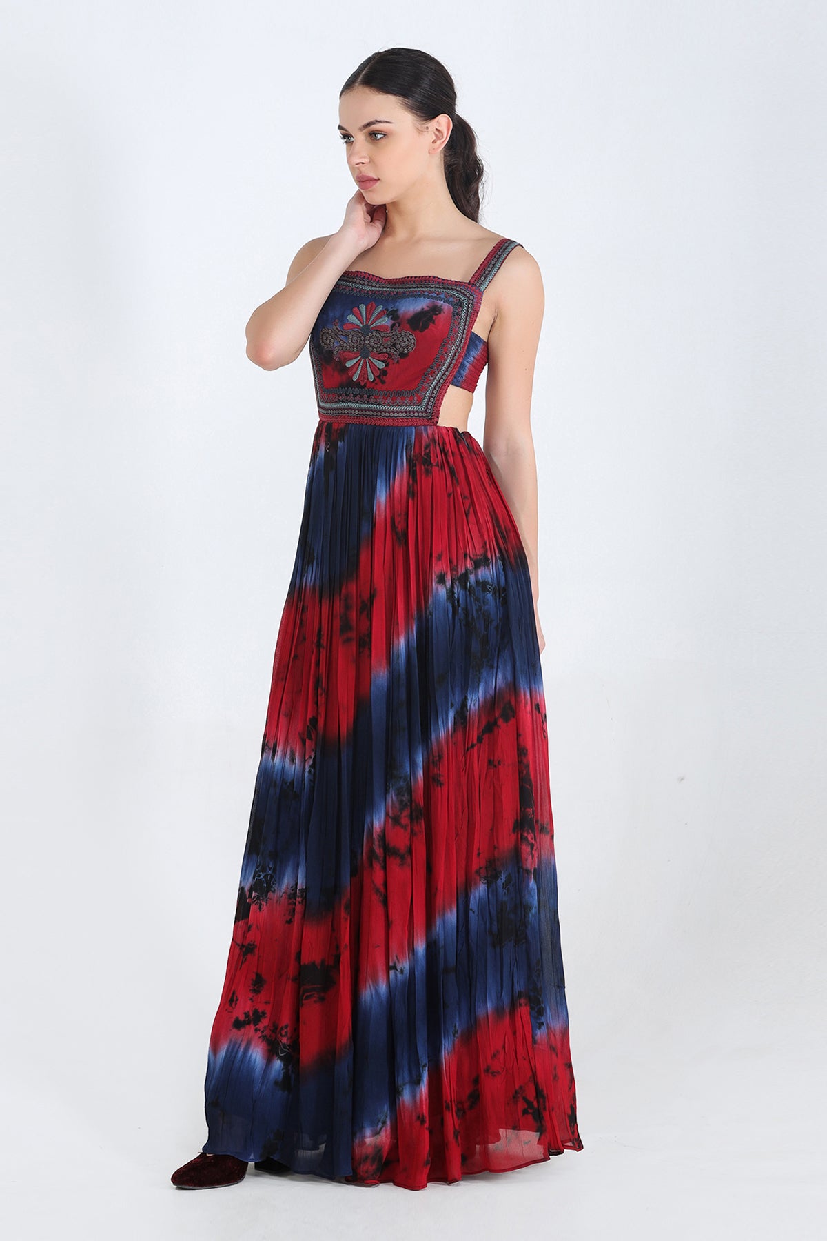 Blue, Red And Charcoal Tie And Dye Georgette Cut Out Maxi With Embroidered Bodice