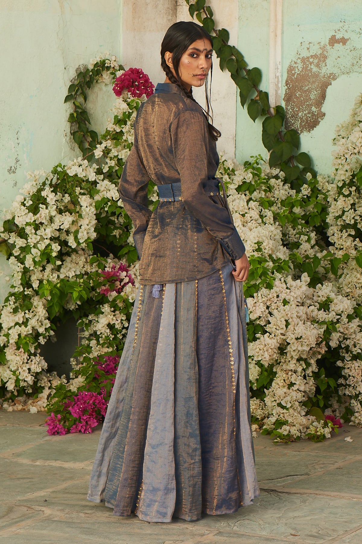 Blue Color Shacket with Skirt, Bustier and Embroidered Belt