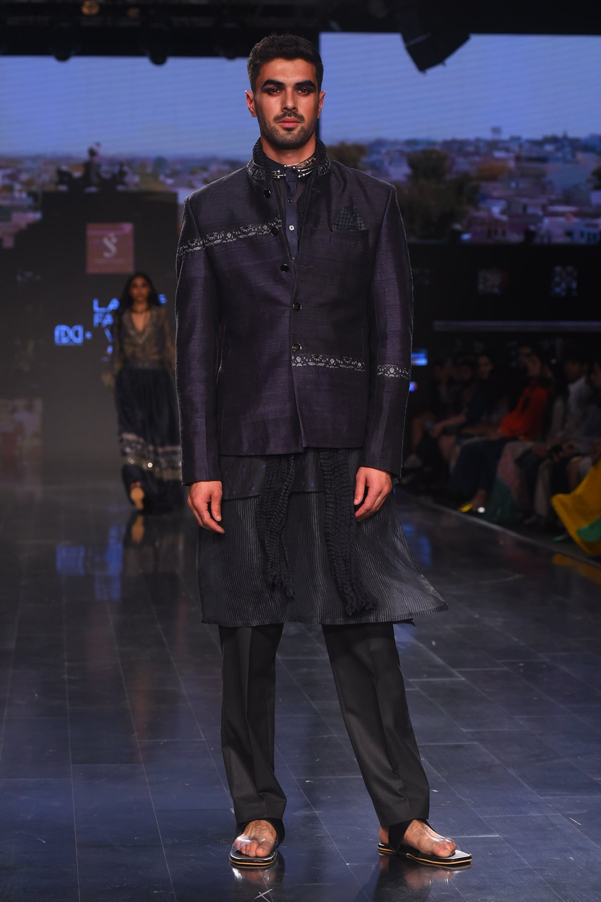 Charcoal rawsilk bandghala with short kurta and pants