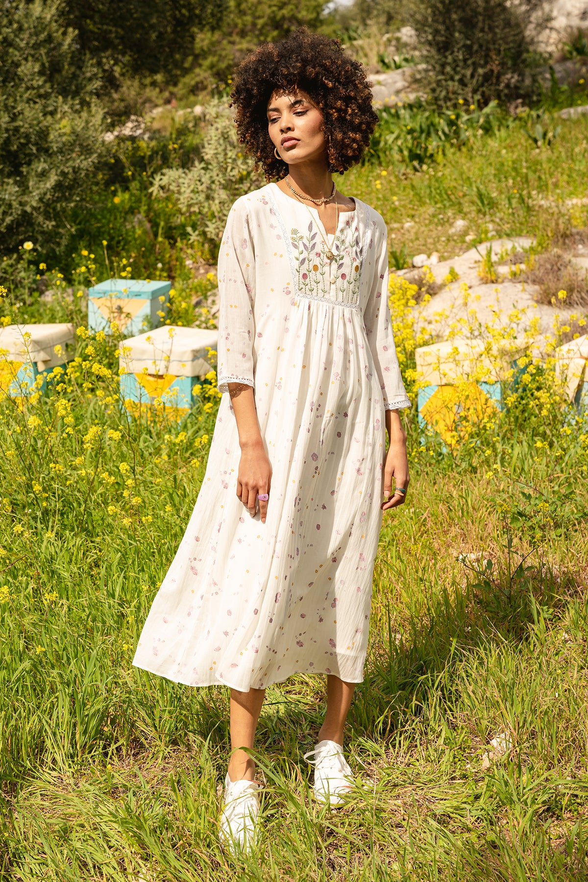 White cotton georgette printed tunic