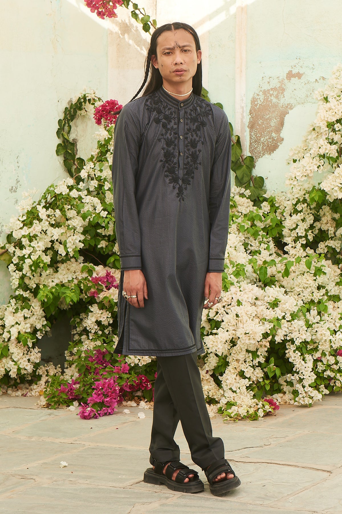 Grey Printed and Embroidered Mens Kurta with Pants