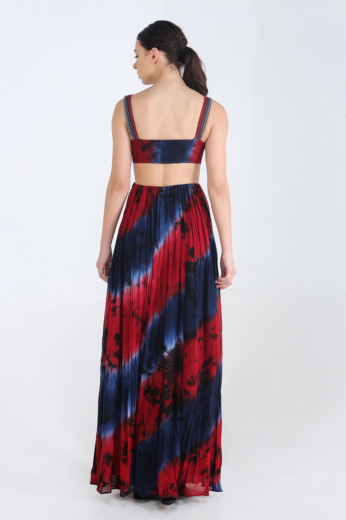 Blue, Red And Charcoal Tie And Dye Georgette Cut Out Maxi With Embroidered Bodice