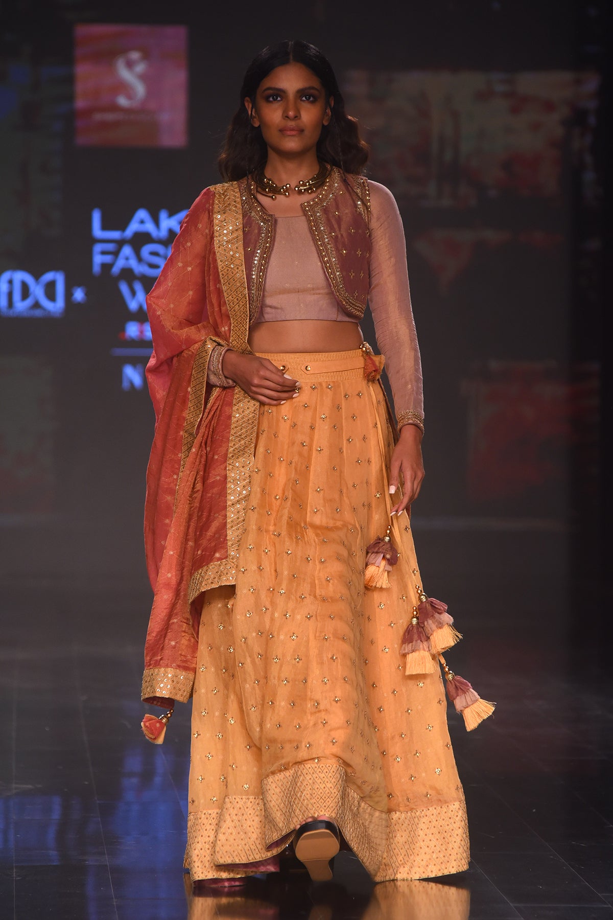 Yellow Danka Tissue Ghagra With Embroidered Koti, Blouse and Rust Embroidered Dupatta
