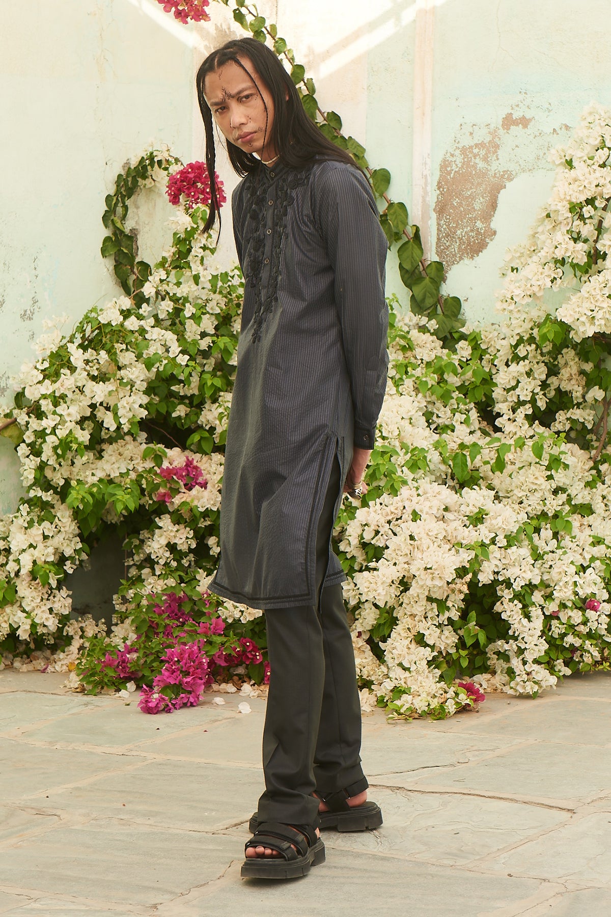 Grey Printed and Embroidered Mens Kurta with Pants