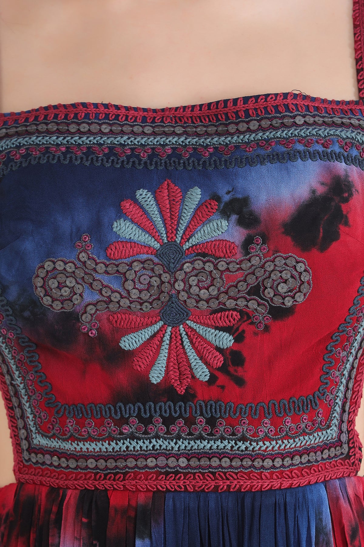 Blue, Red And Charcoal Tie And Dye Georgette Cut Out Maxi With Embroidered Bodice