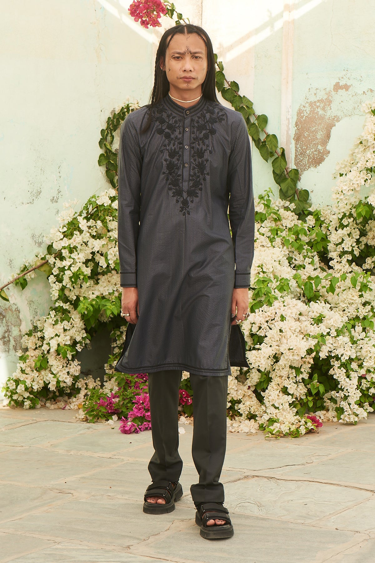 Grey Printed and Embroidered Mens Kurta with Pants