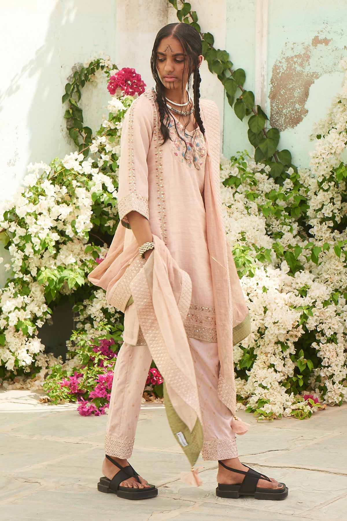 Salmon Kurta with Silk Pants and Dupatta