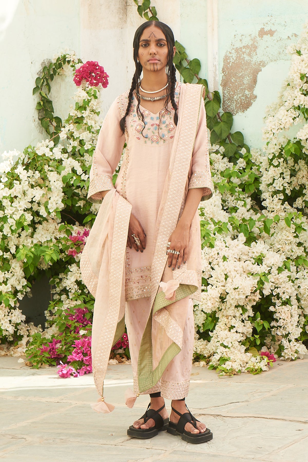 Salmon Kurta with Silk Pants and Dupatta