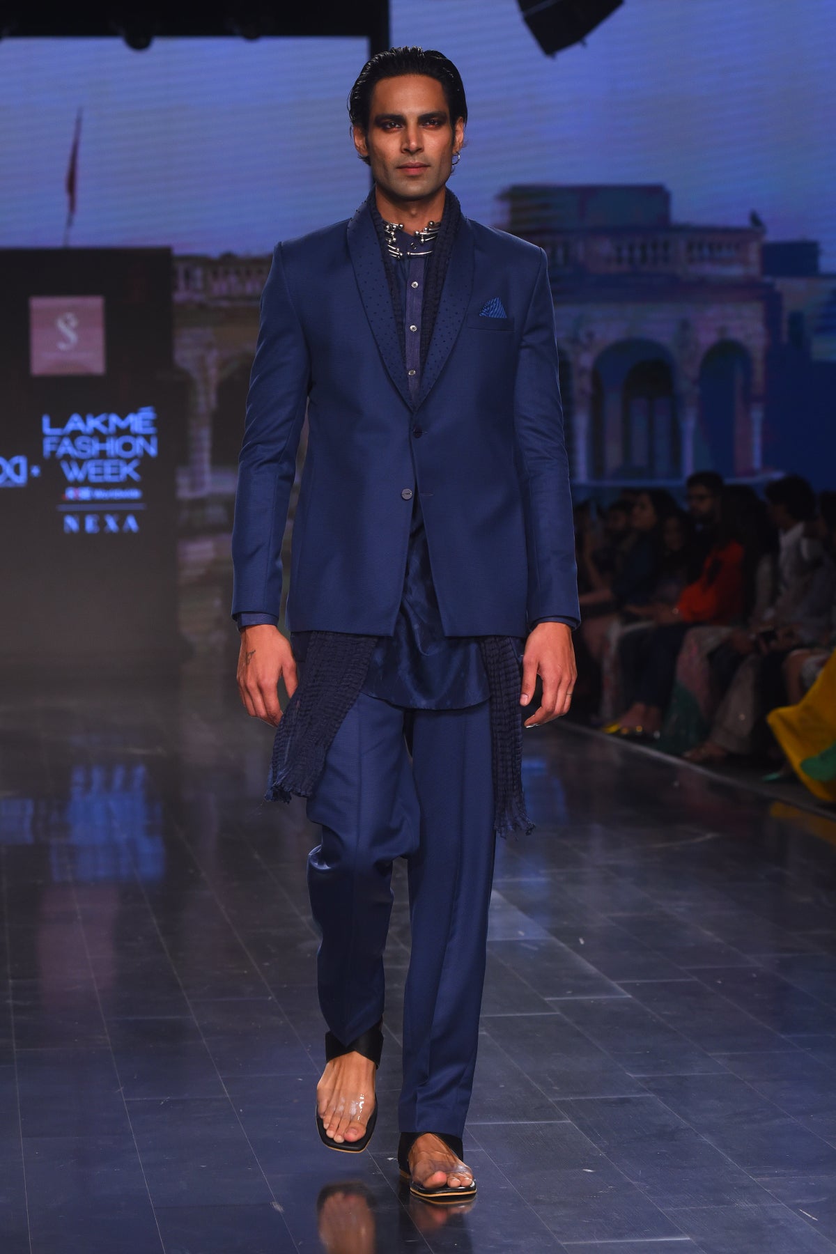 Blue Twill French Knot Emb Blazer With Maheshwari Kurta and Pants