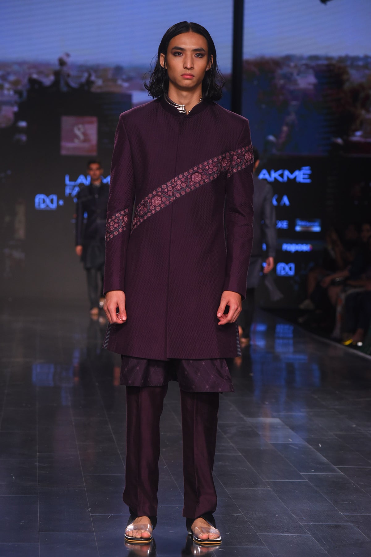 Purple Iktari Emb Quilted Achkan With Matching Silk Kurta and Pants