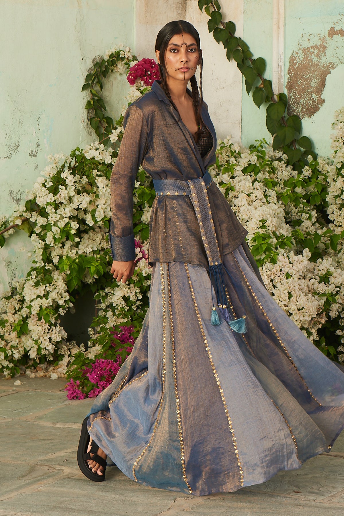 Blue Color Shacket with Skirt, Bustier and Embroidered Belt