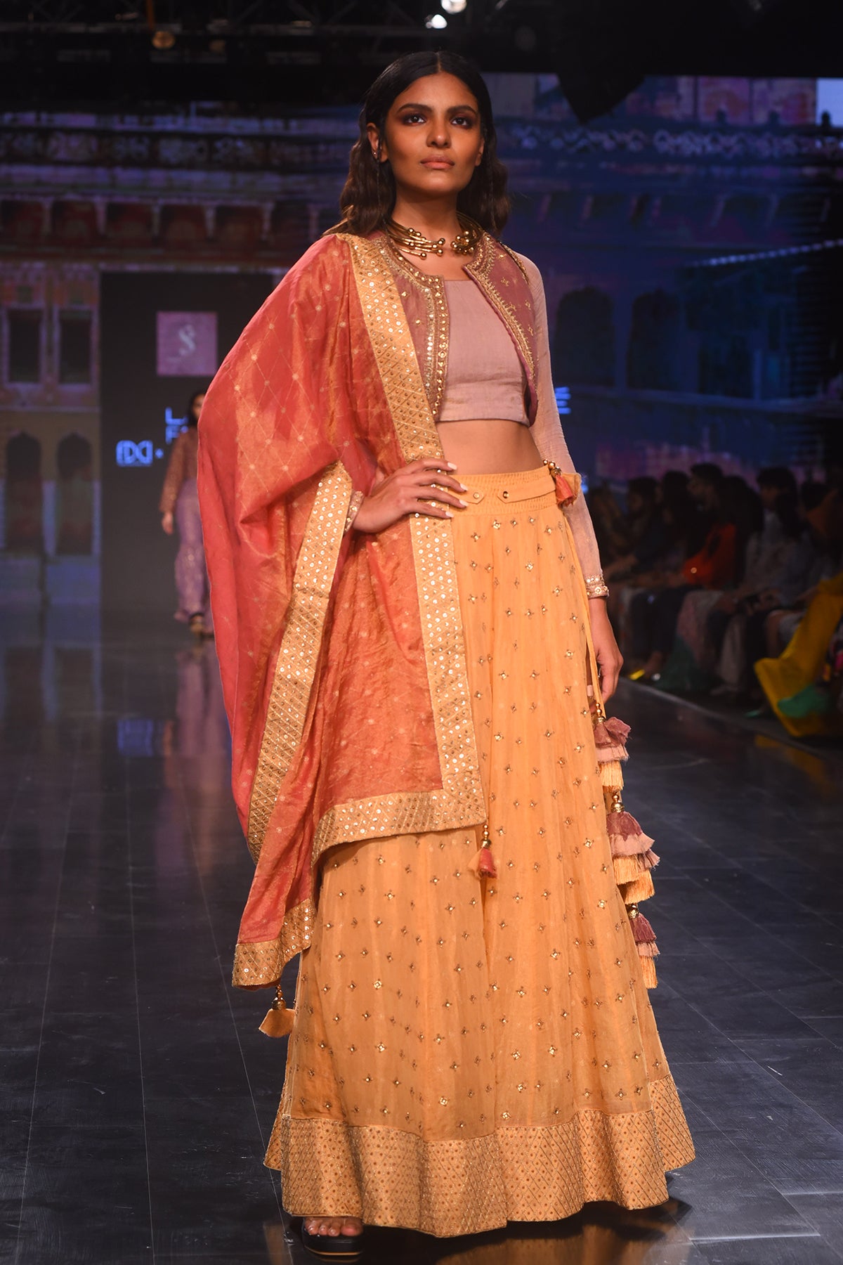 Yellow Danka Tissue Ghagra With Embroidered Koti, Blouse and Rust Embroidered Dupatta
