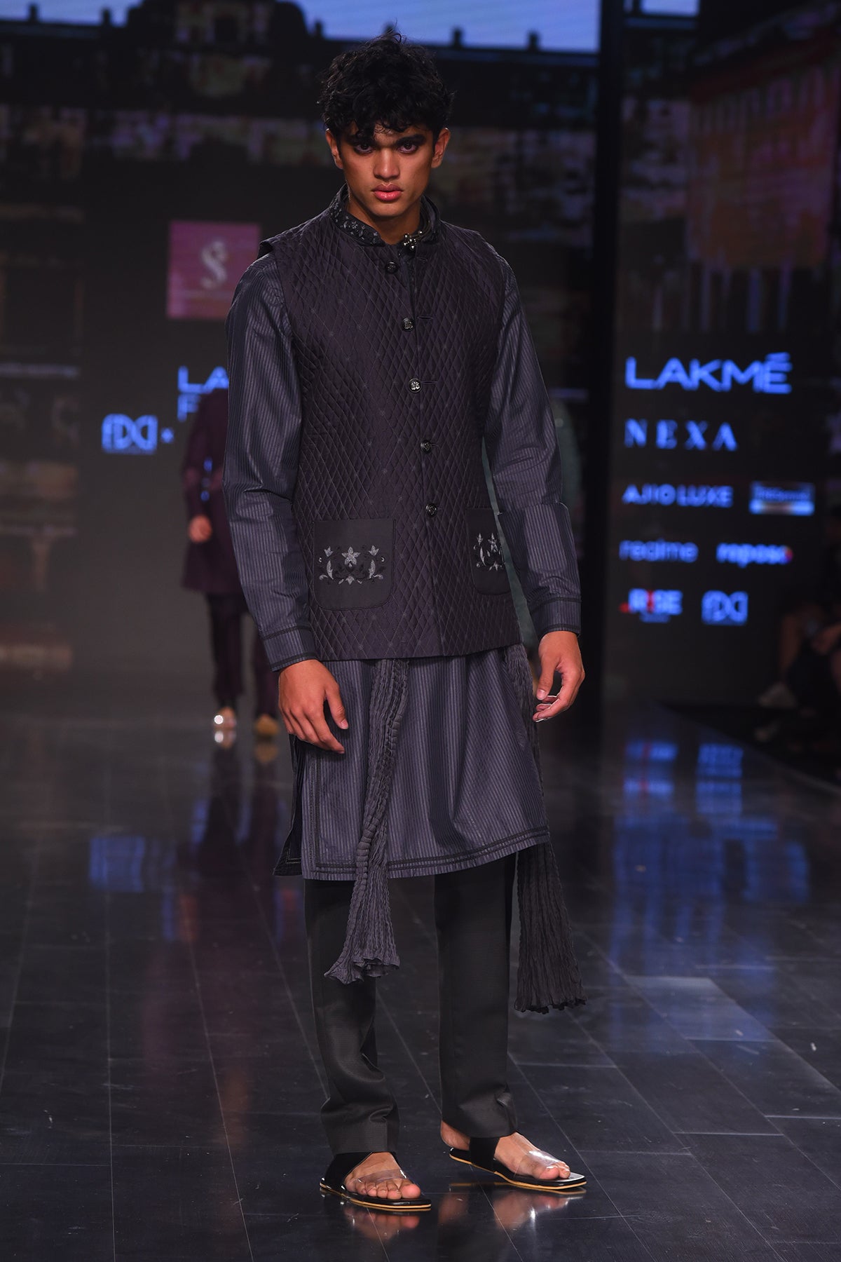 Grey Printed and Quilted Embroidered Bundi With Printed Kurta and Pants