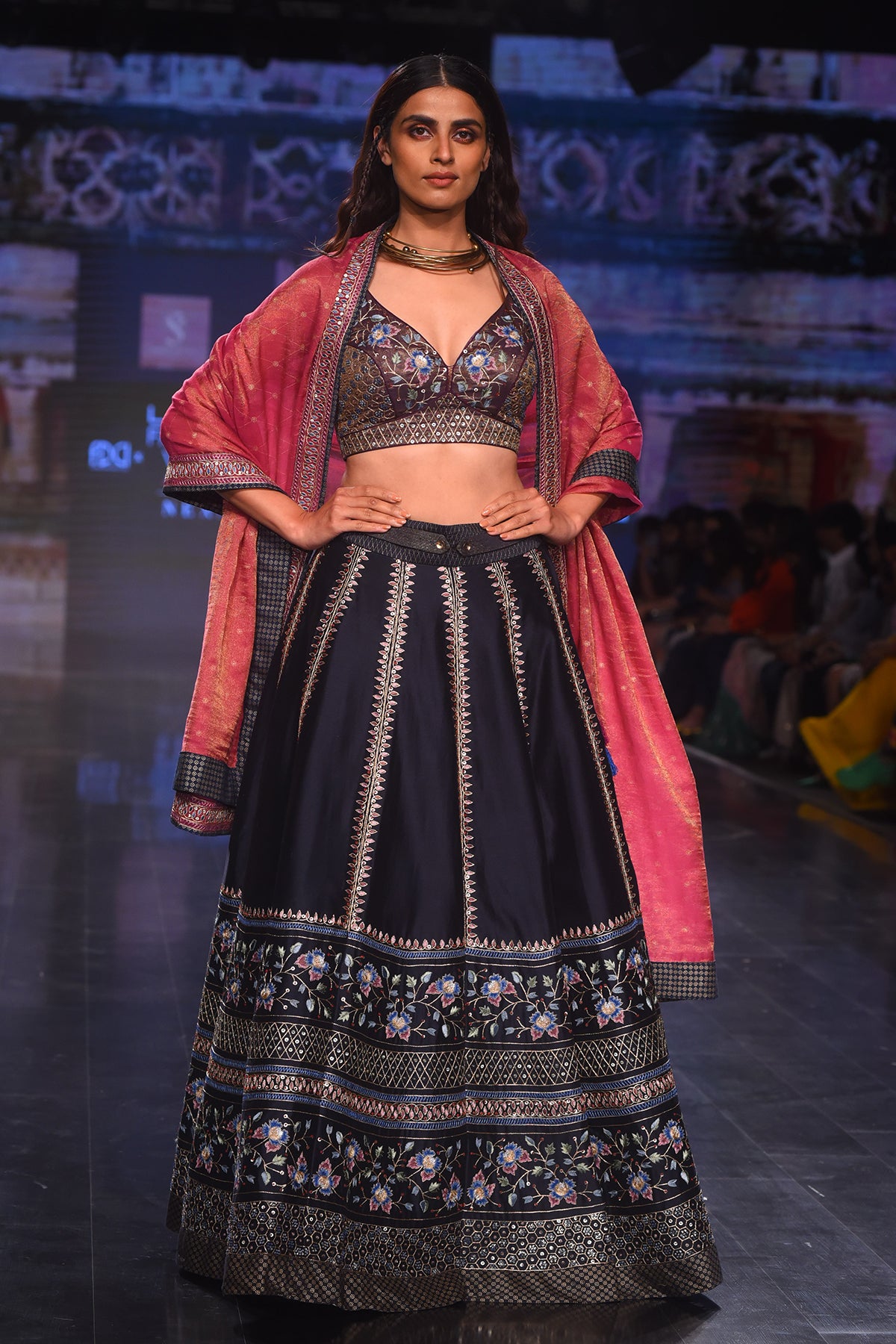 Navy Blue Pita Kalidar Ghagra With Purple Pita Work Blouse and Plum Dupatta