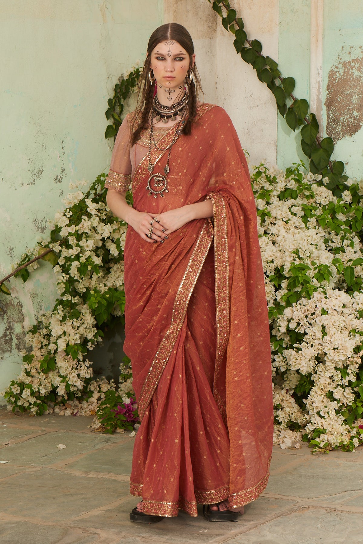Rust Pita Work Saree with Embroidered Blouse