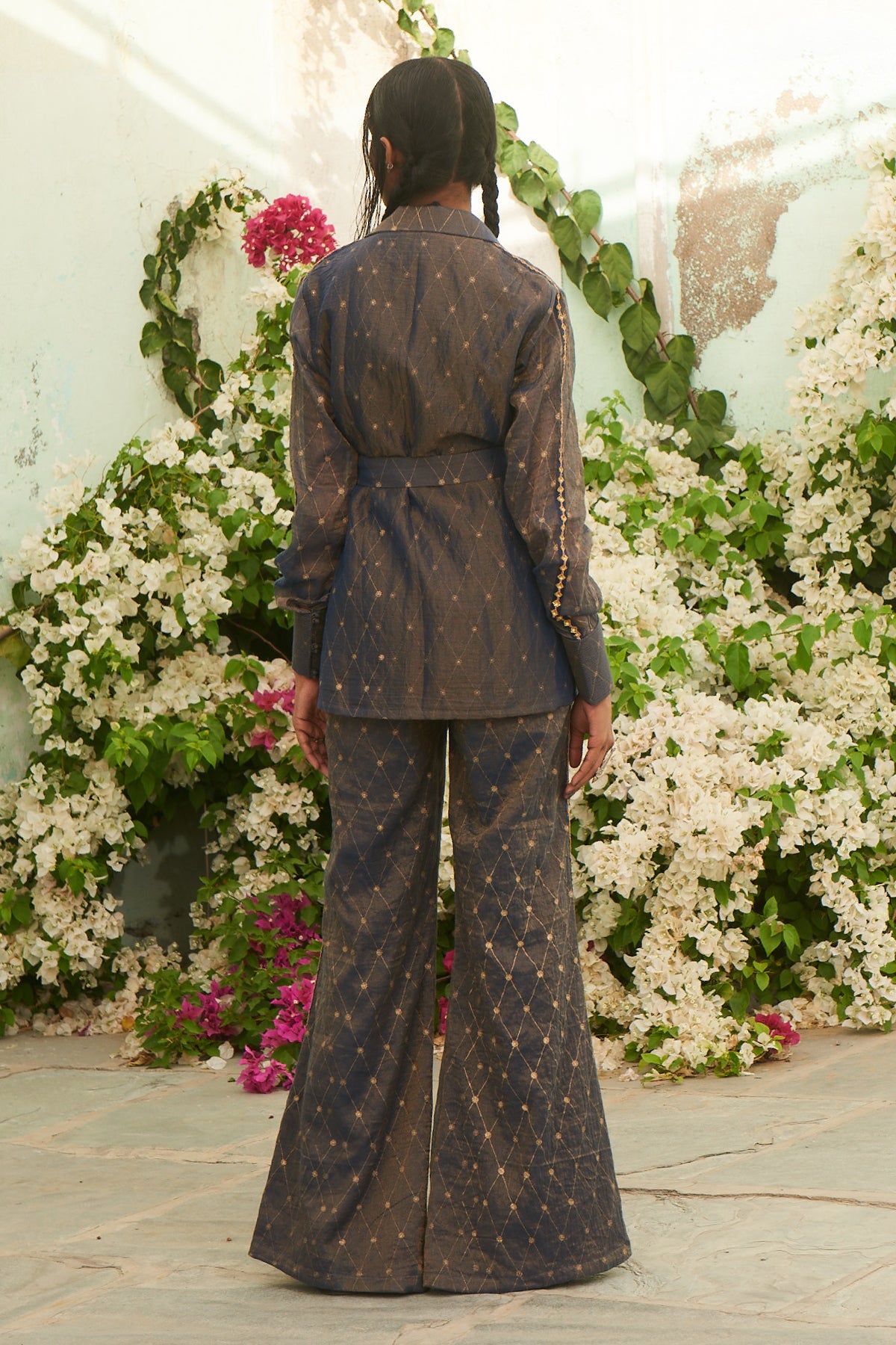 Navy Blue Gold Tissue Danka Embroidered Shacket Pant Suit With Belt