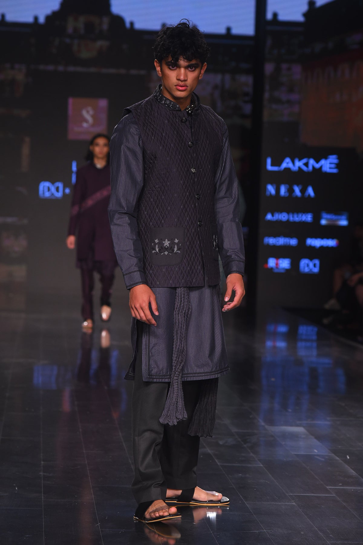 Grey Printed and Quilted Embroidered Bundi With Printed Kurta and Pants