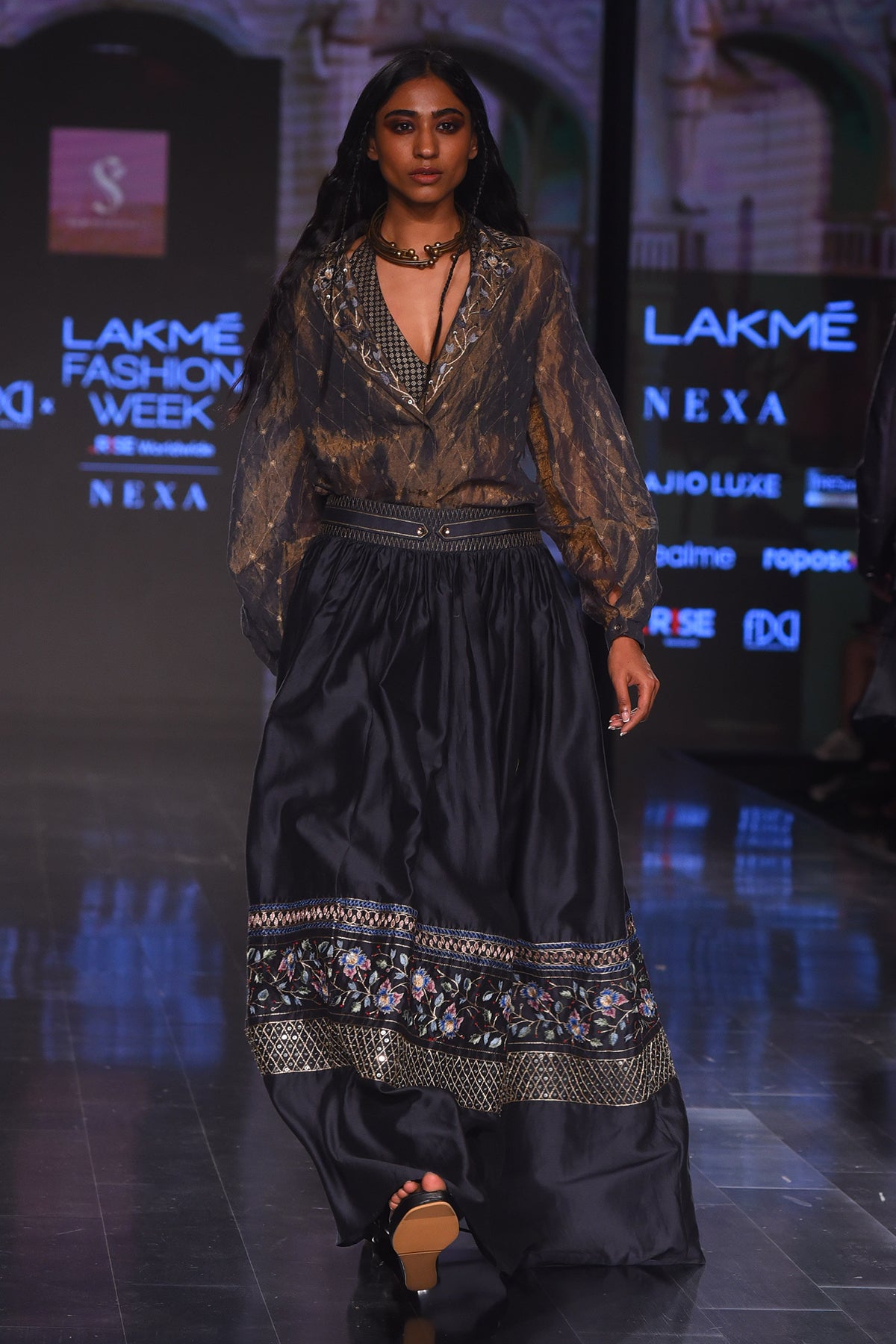 Charcoal Printed and Embroidered Shirt With Chanderi Pita Embroidered Skirt
