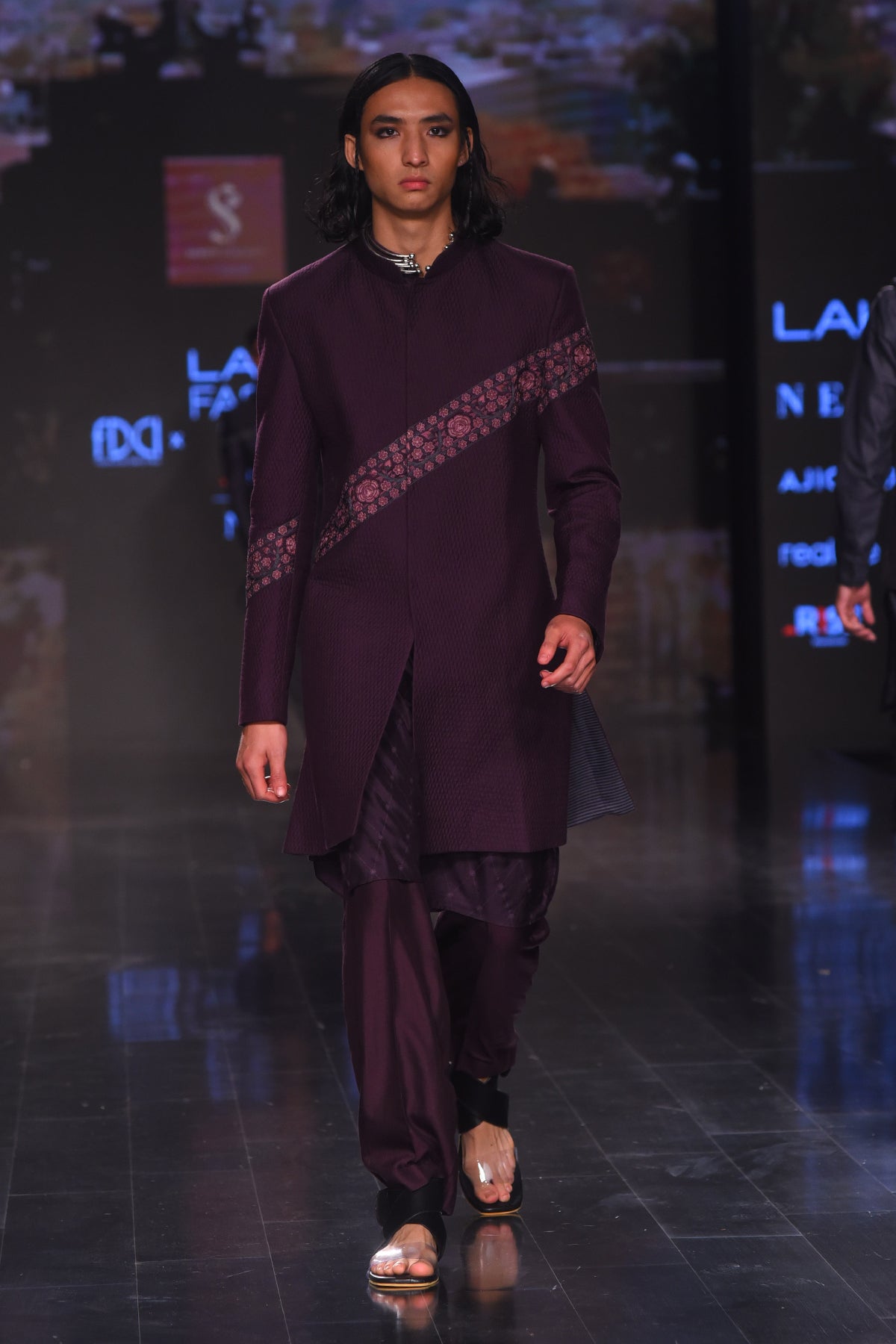 Purple Iktari Emb Quilted Achkan With Matching Silk Kurta and Pants