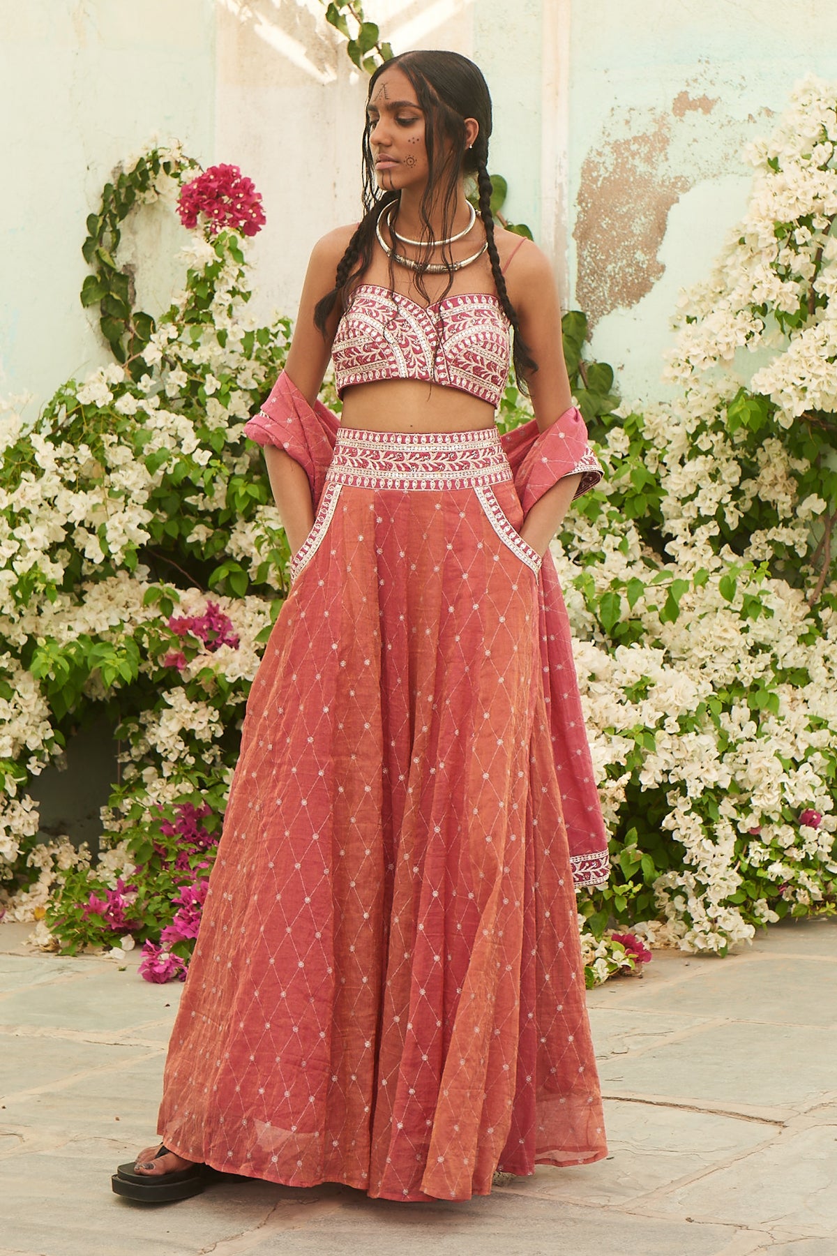 Pink Printed Silver Pita Work Ghagra Set