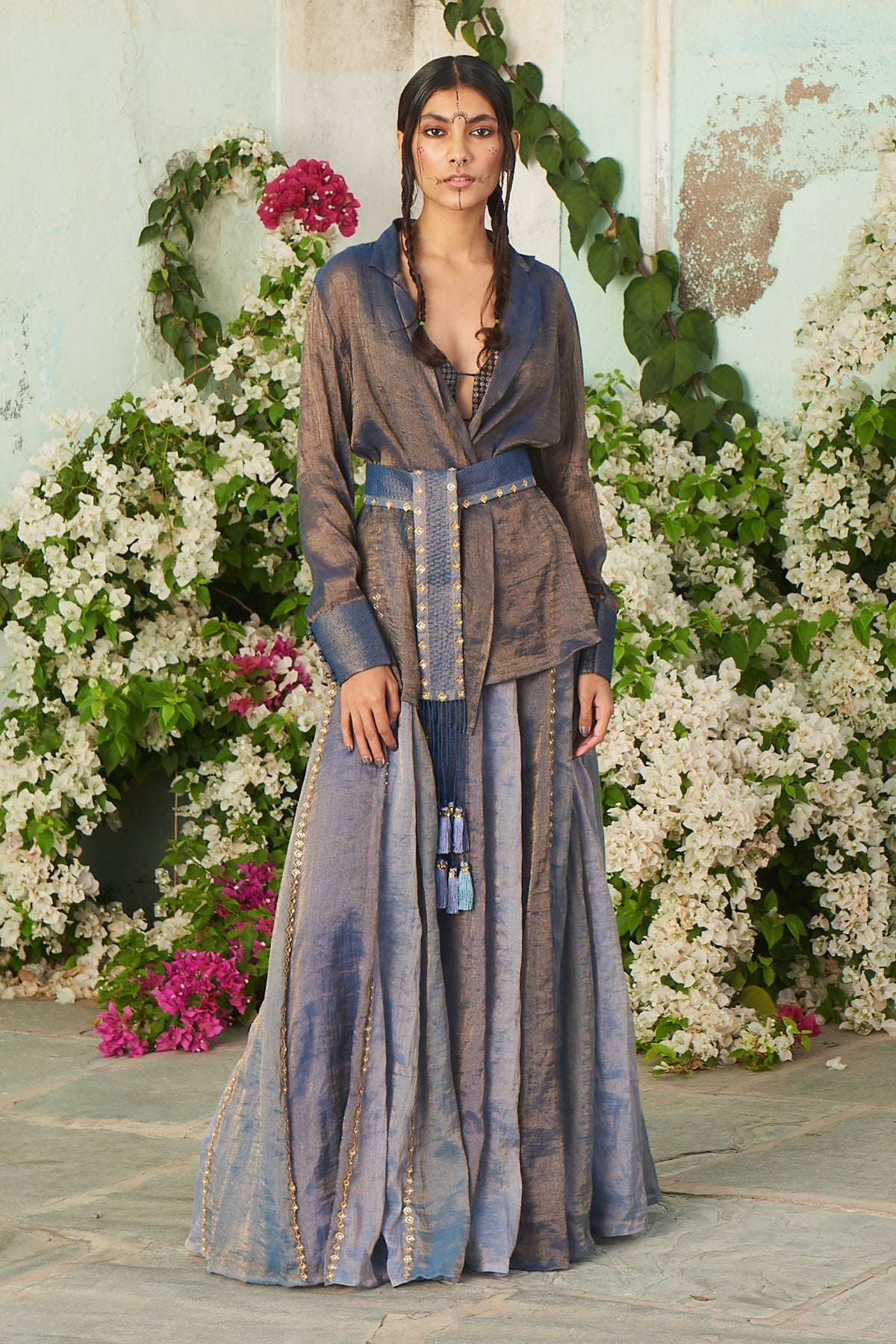 Blue Color Shacket with Skirt, Bustier and Embroidered Belt