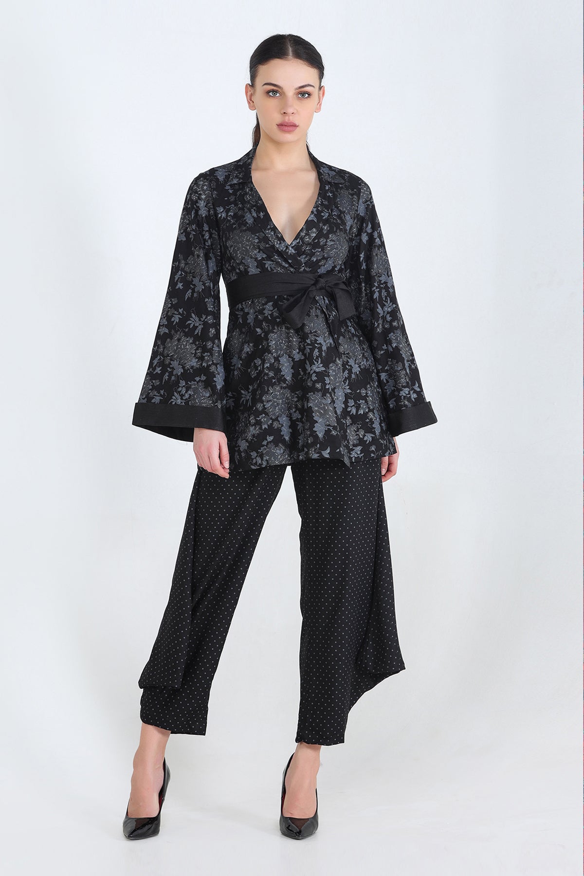 Black Viscose Twill  Hand Printed Monochrome Shacket