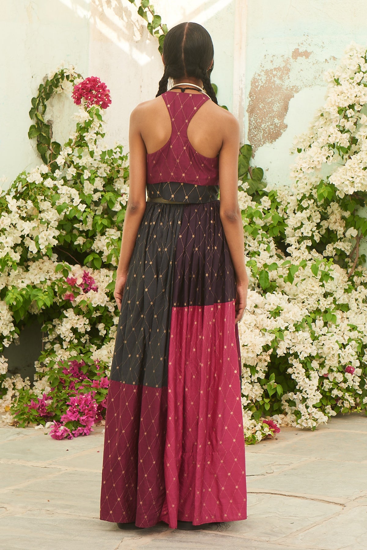 Plum Color Blocked Pleated and Printed Skirt With Crop Top