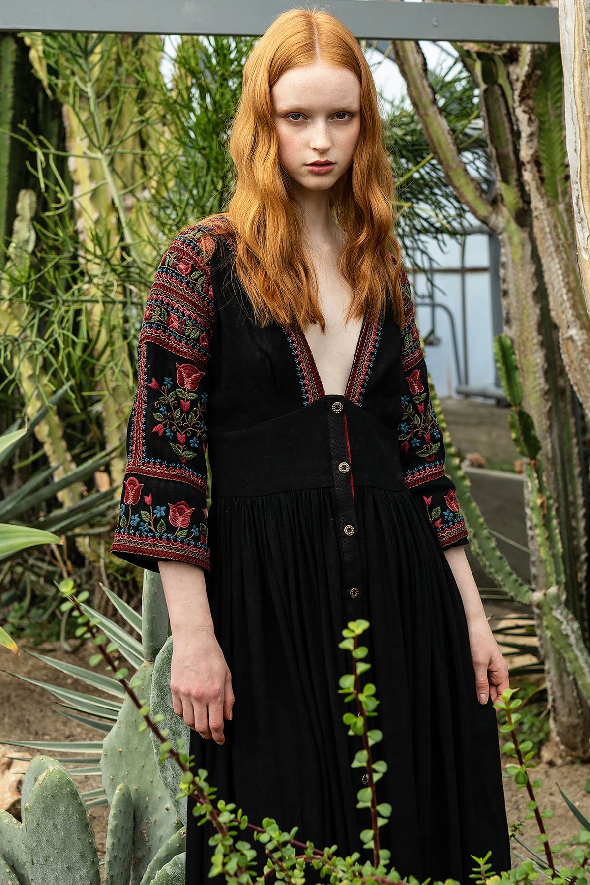 Black Viscose Texture Midi Dress with Polish Embroidery