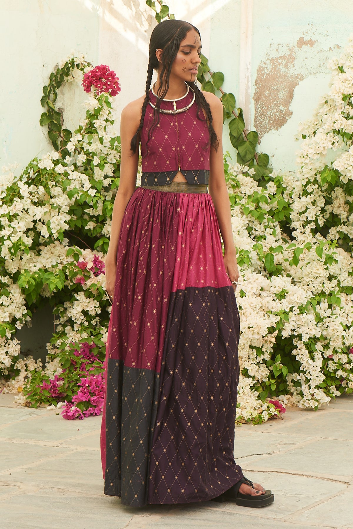 Plum Color Blocked Pleated and Printed Skirt With Crop Top