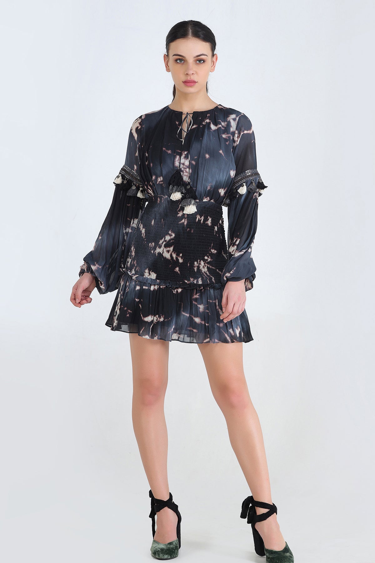 Grey Georgette Monochrome Tie And Dye Mini Dress With Smoking Detail