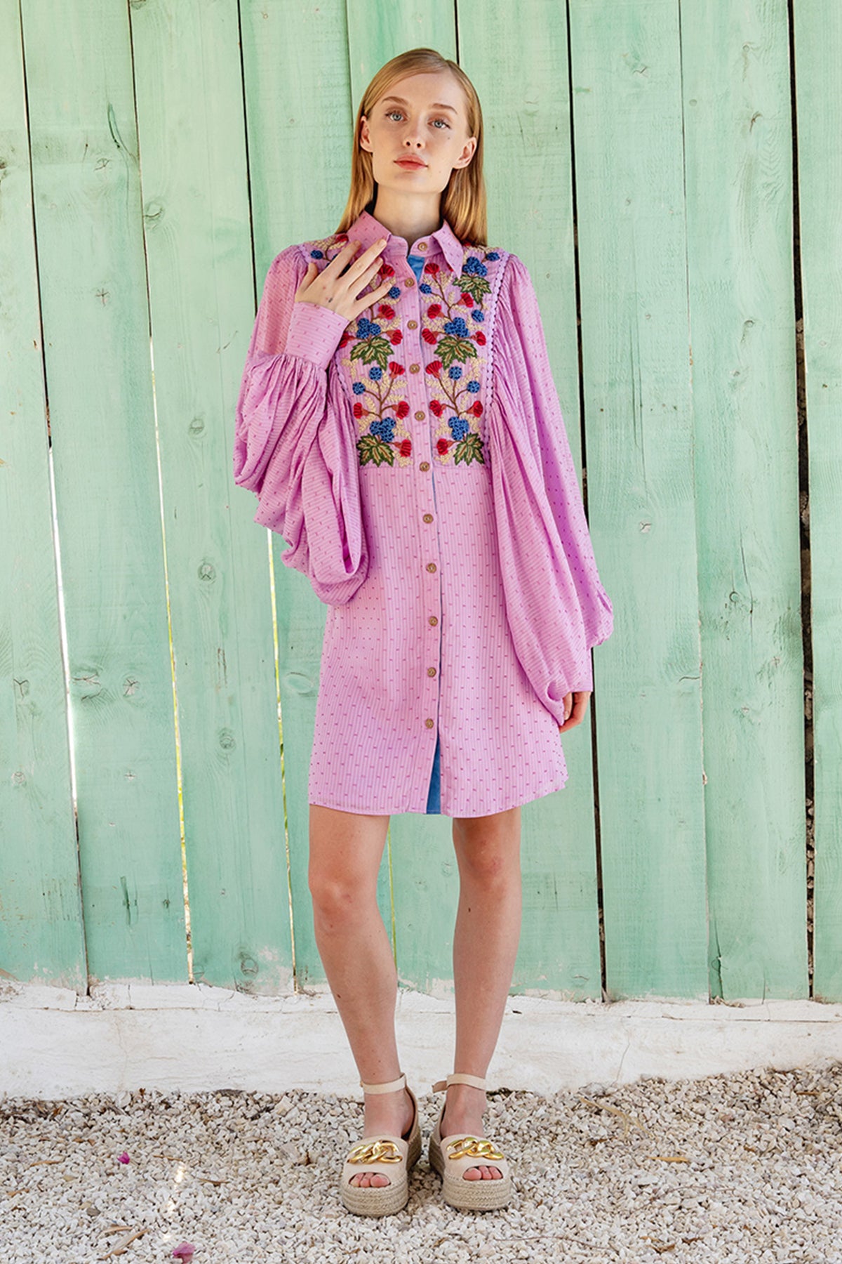 Lilac Striped Dobby Weave Front Open Dress