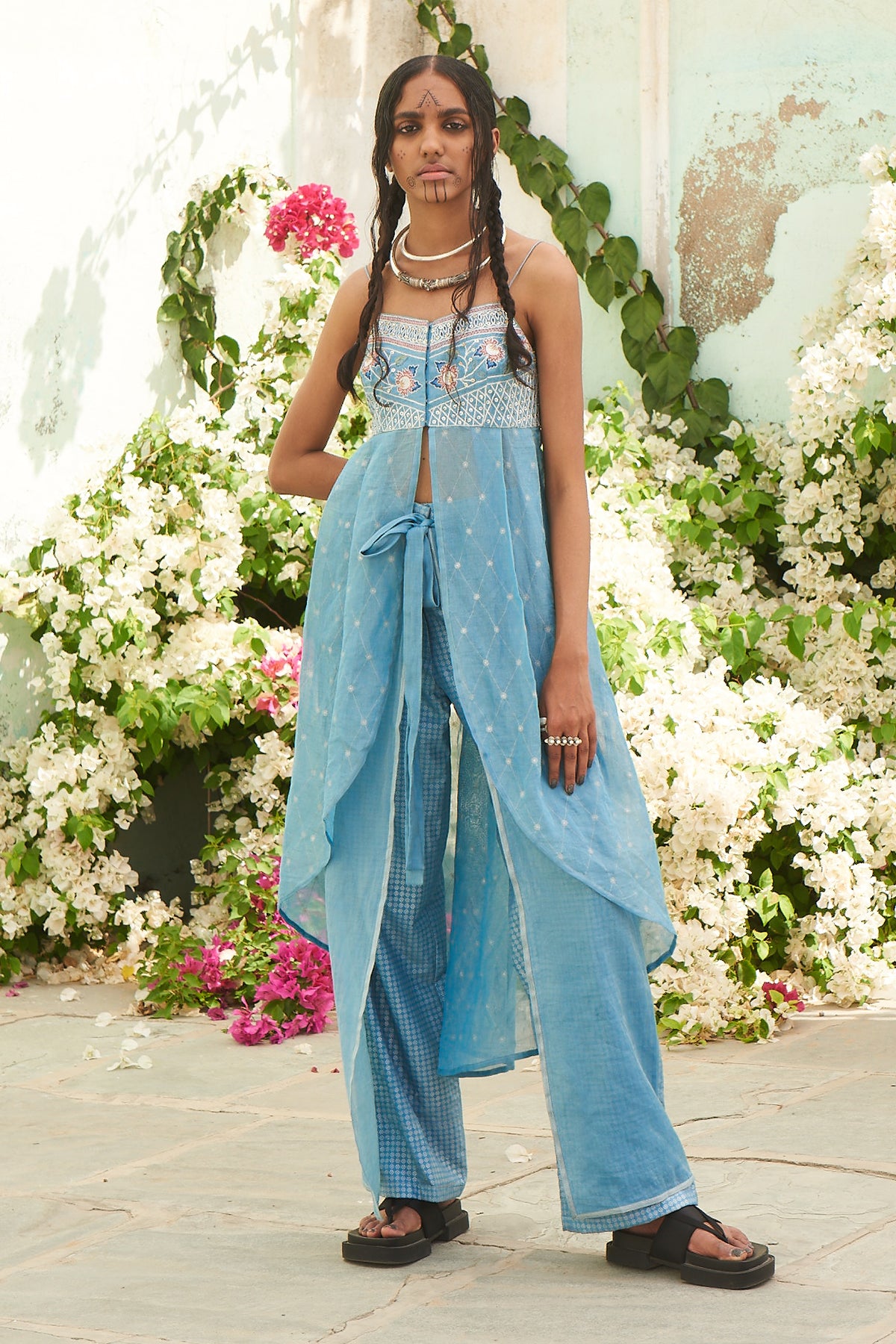 Blue Front Open Printed Tunic with Embroidered Yoke and Flap Printed Pants