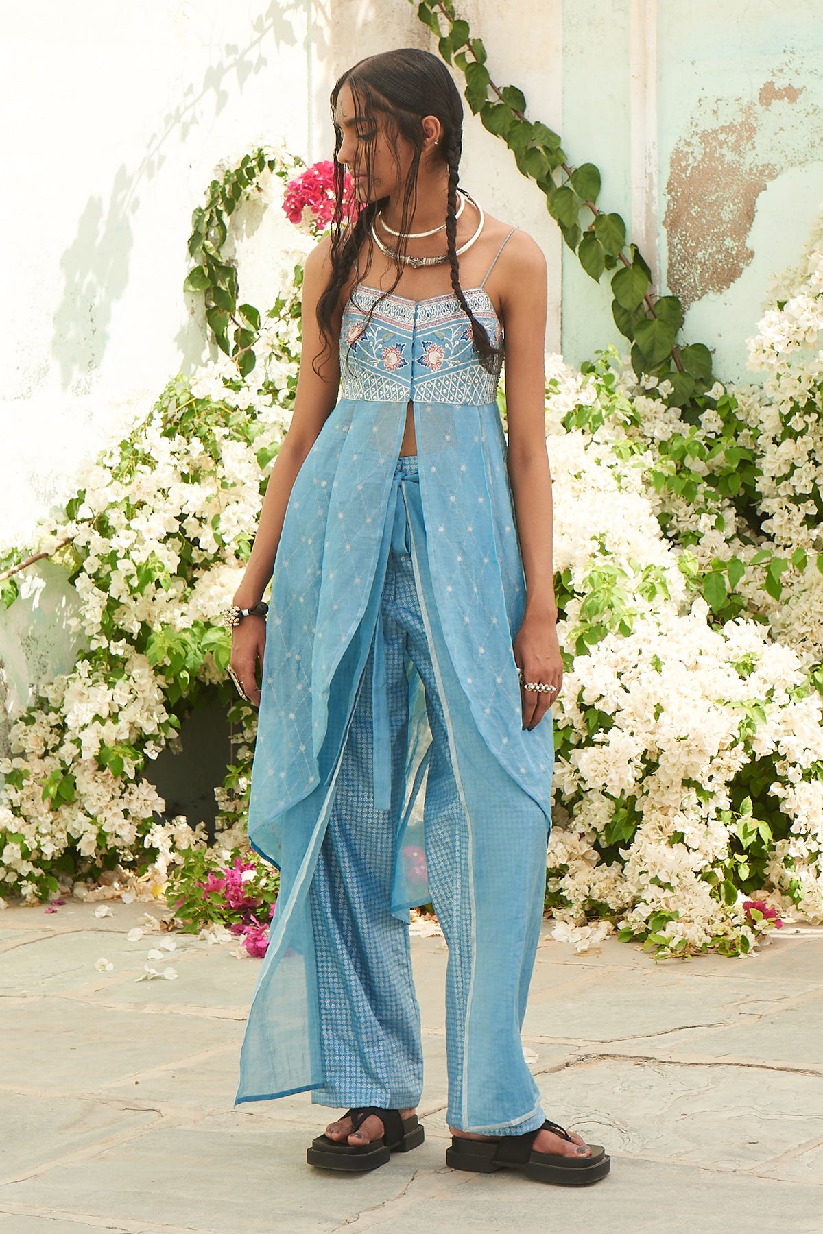Blue Front Open Printed Tunic with Embroidered Yoke and Flap Printed Pants