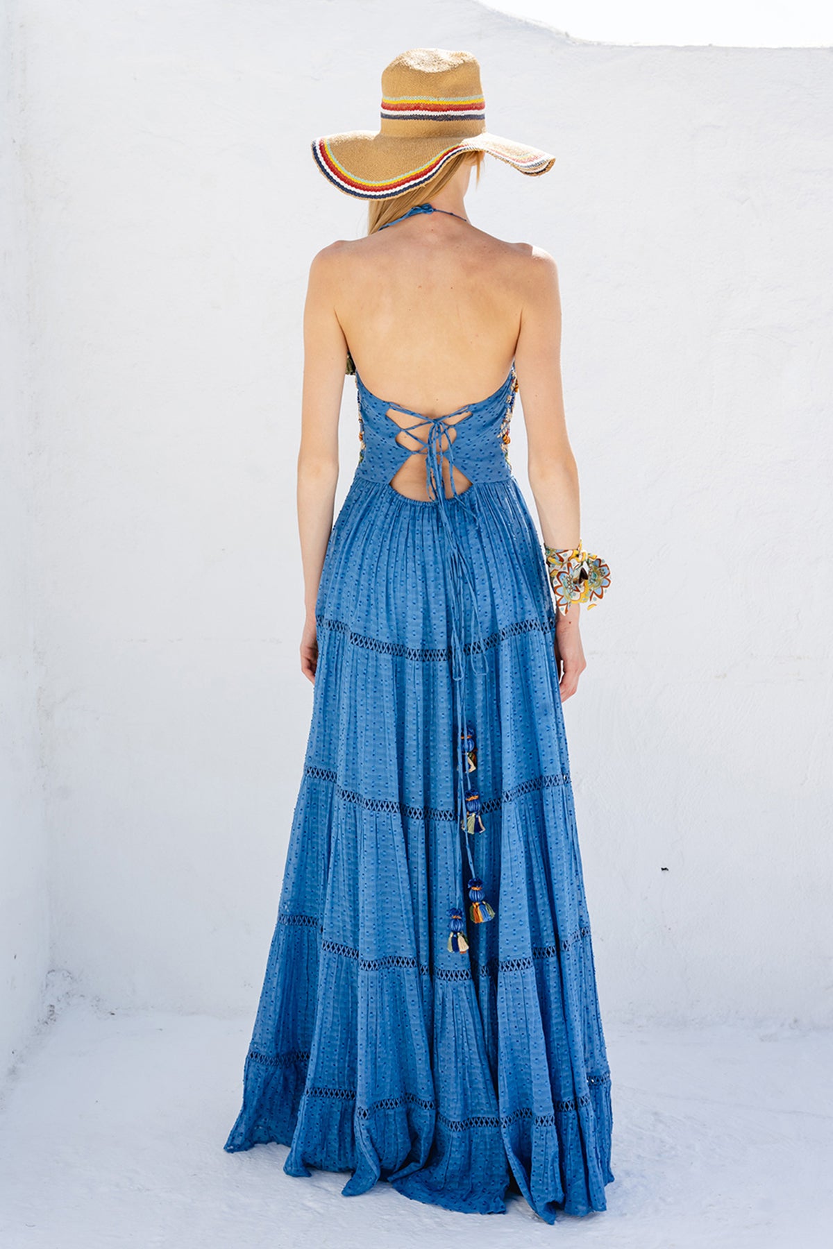 Blue Dobby Weave Tiered Maxi With Floral Embroidered Bodice