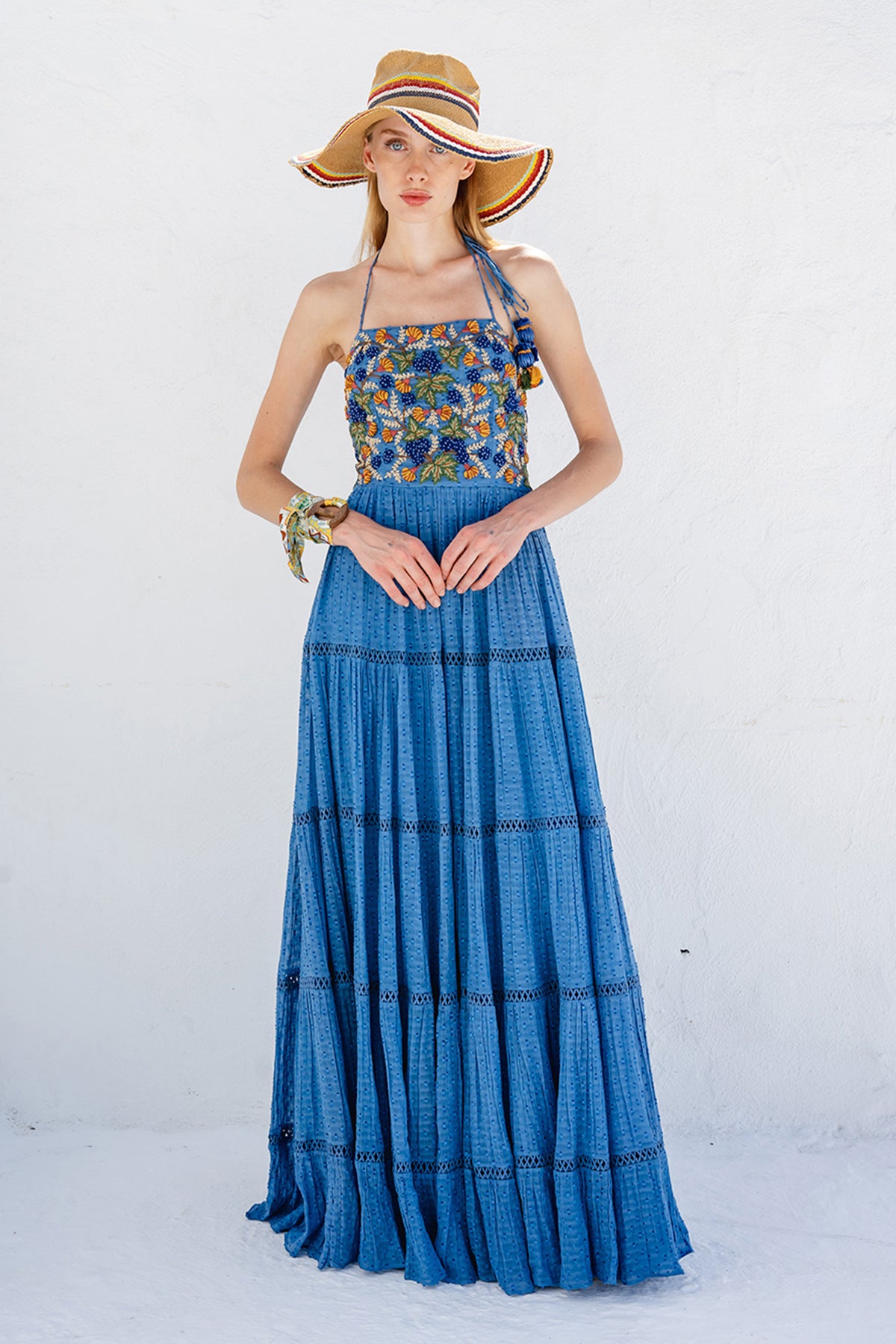 Blue Dobby Weave Tiered Maxi With Floral Embroidered Bodice