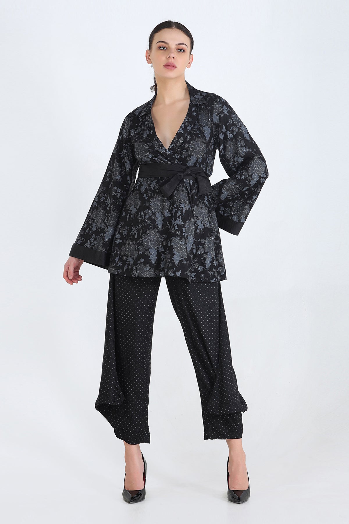 Black Viscose Twill  Hand Printed Monochrome Shacket