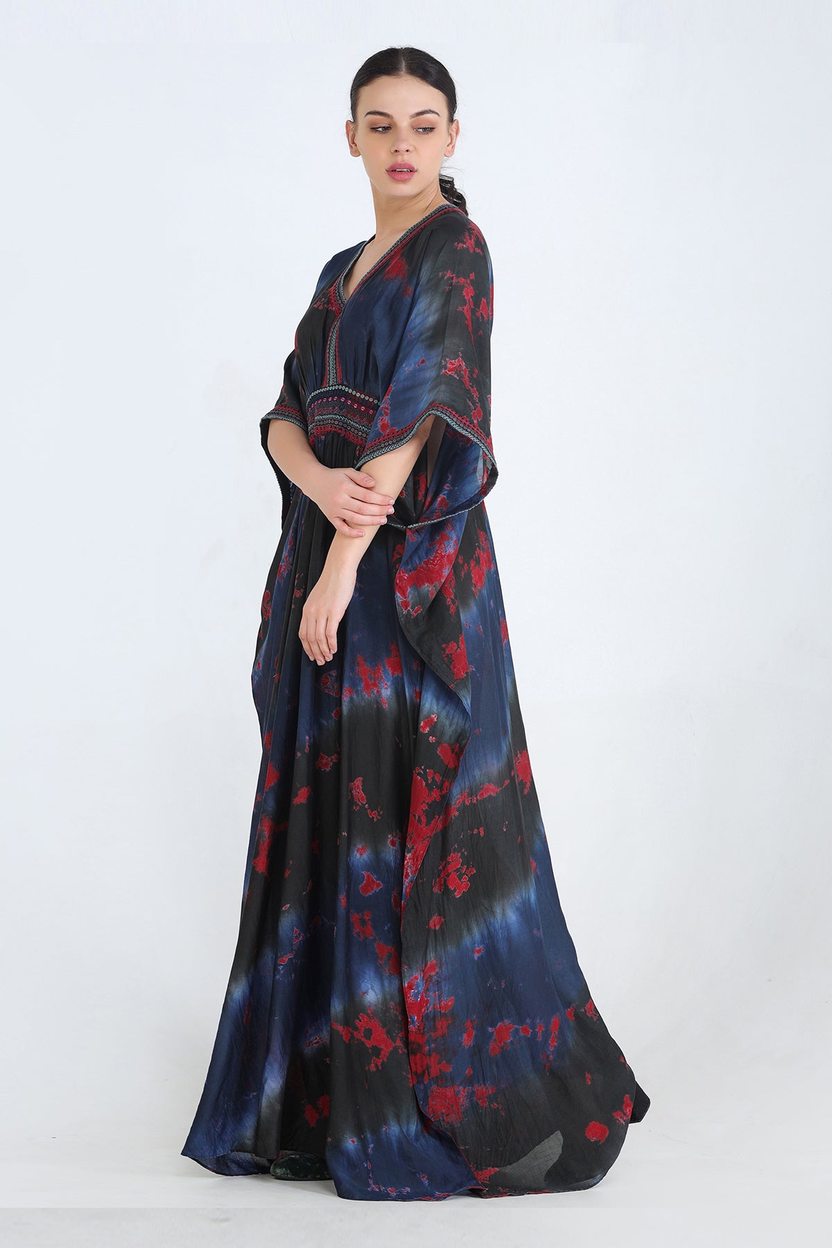 Black, Blue And Red Mul Kaftan With Embroidery On Waist And Sleeves