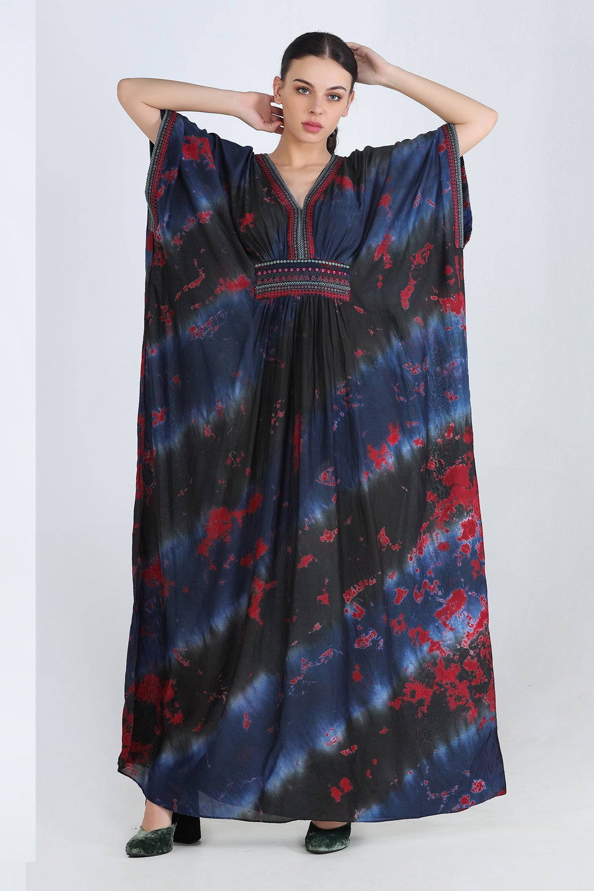 Black, Blue And Red Mul Kaftan With Embroidery On Waist And Sleeves