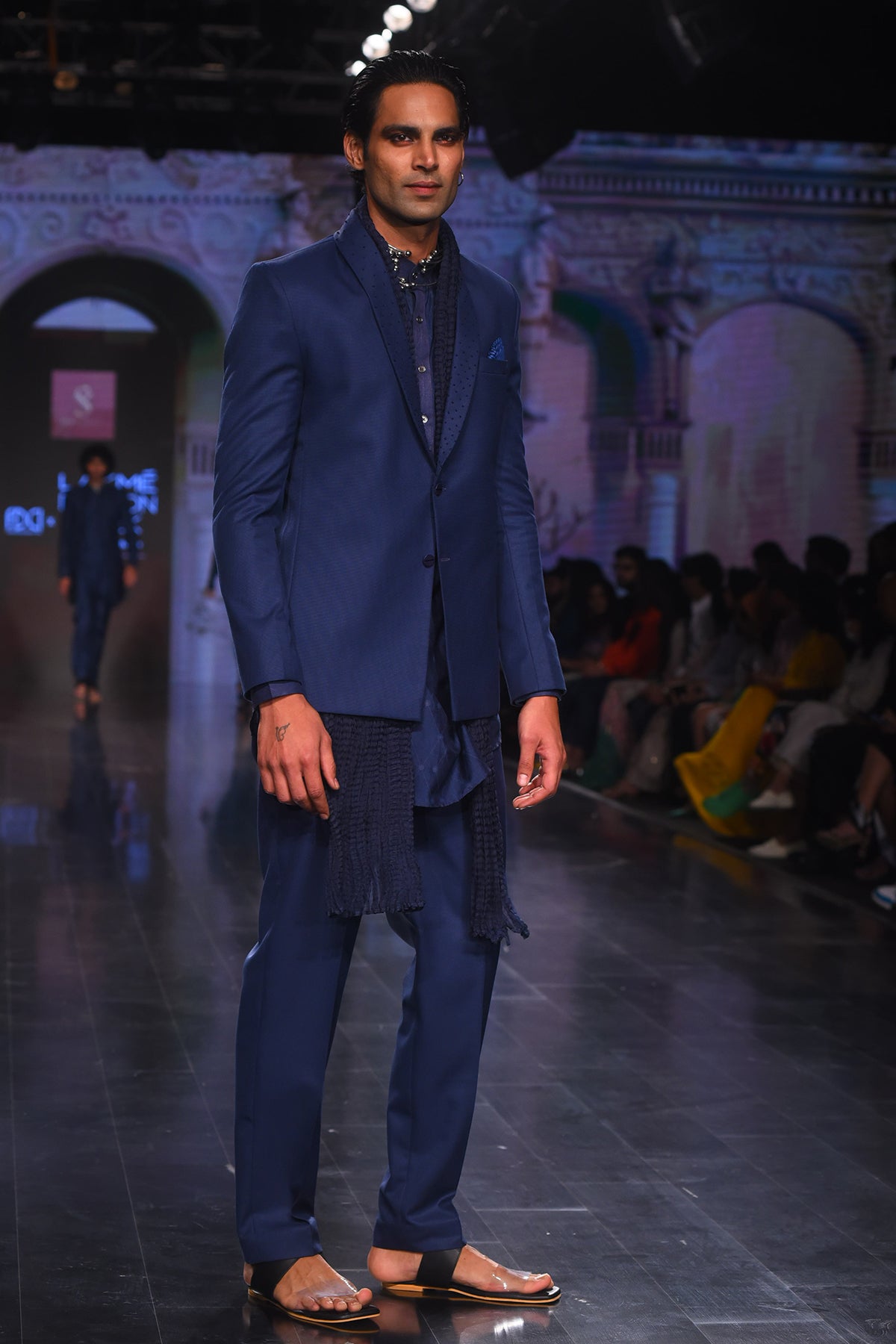 Blue Twill French Knot Emb Blazer With Maheshwari Kurta and Pants