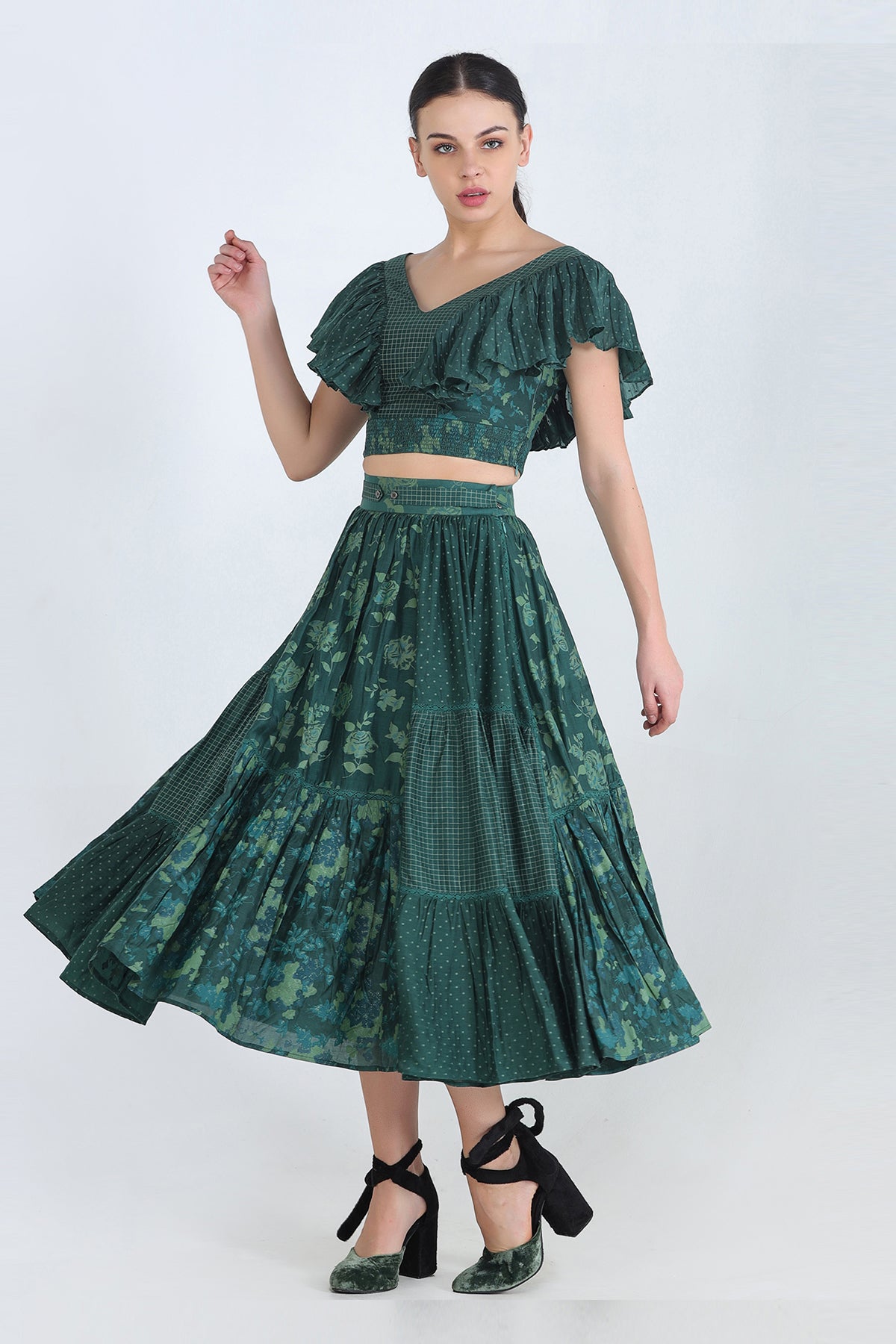 Green Print Mix Monochrome Gathered Skirt With Insertion Details