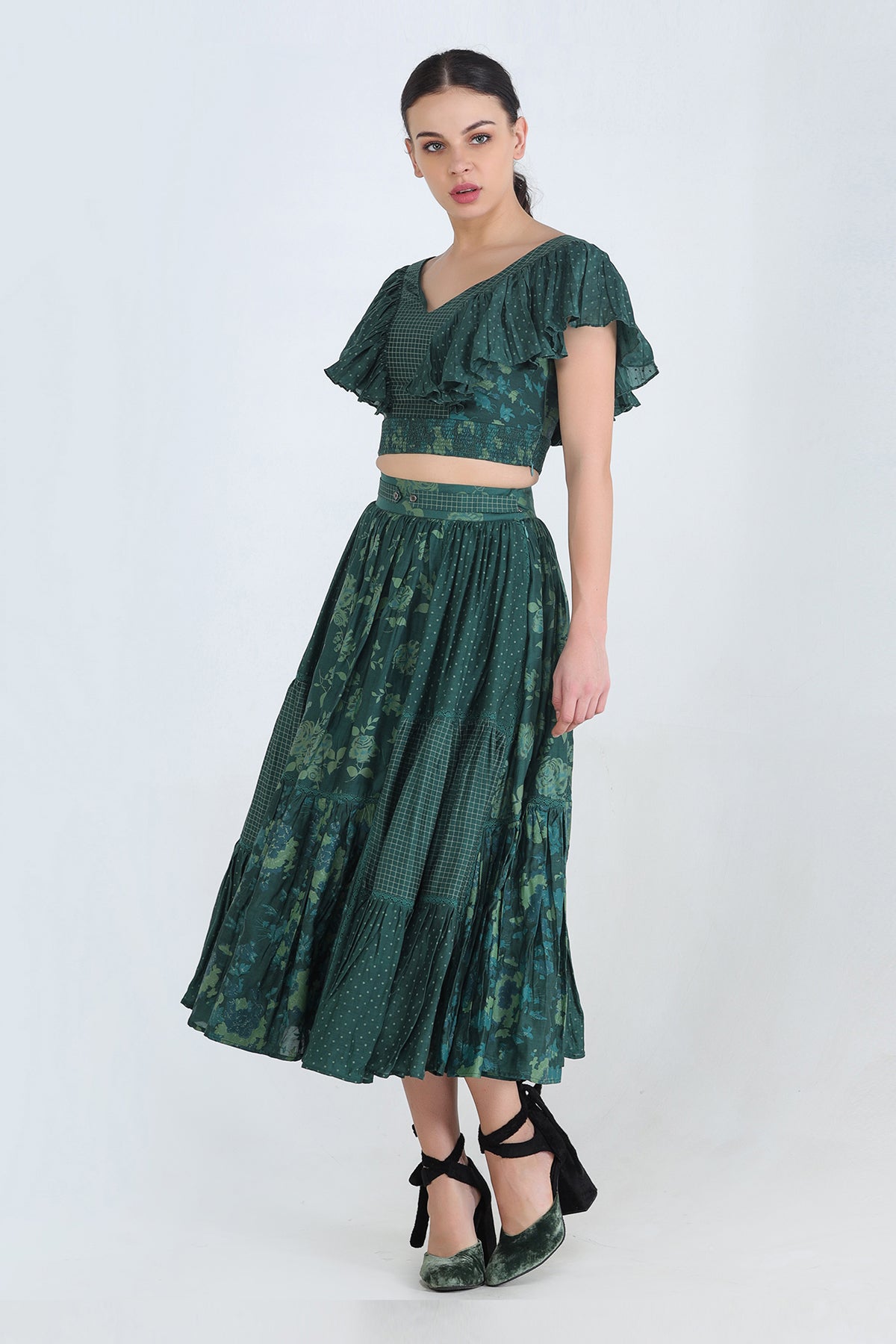 Green Print Mix Monochrome Gathered Skirt With Insertion Details
