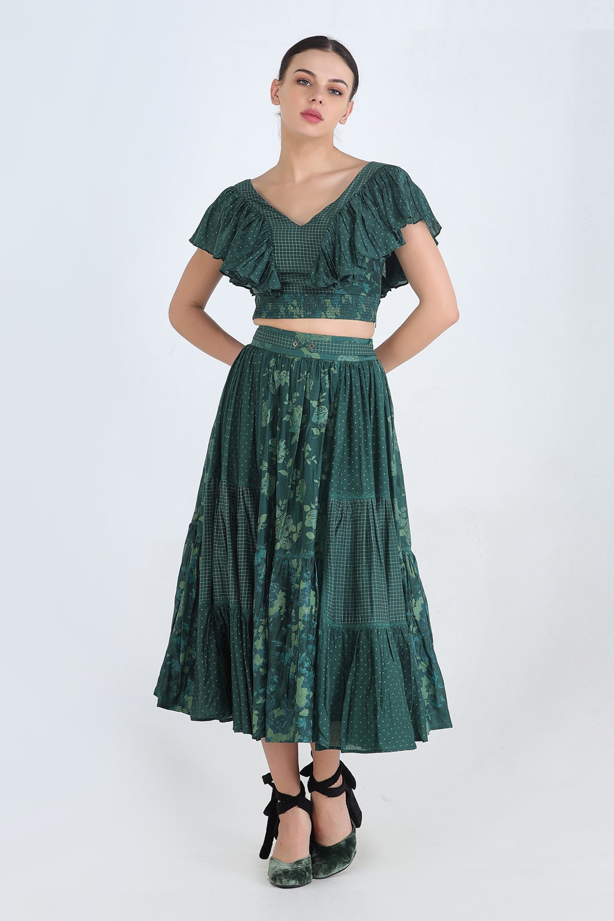 Green Print Mix Monochrome Gathered Skirt With Insertion Details