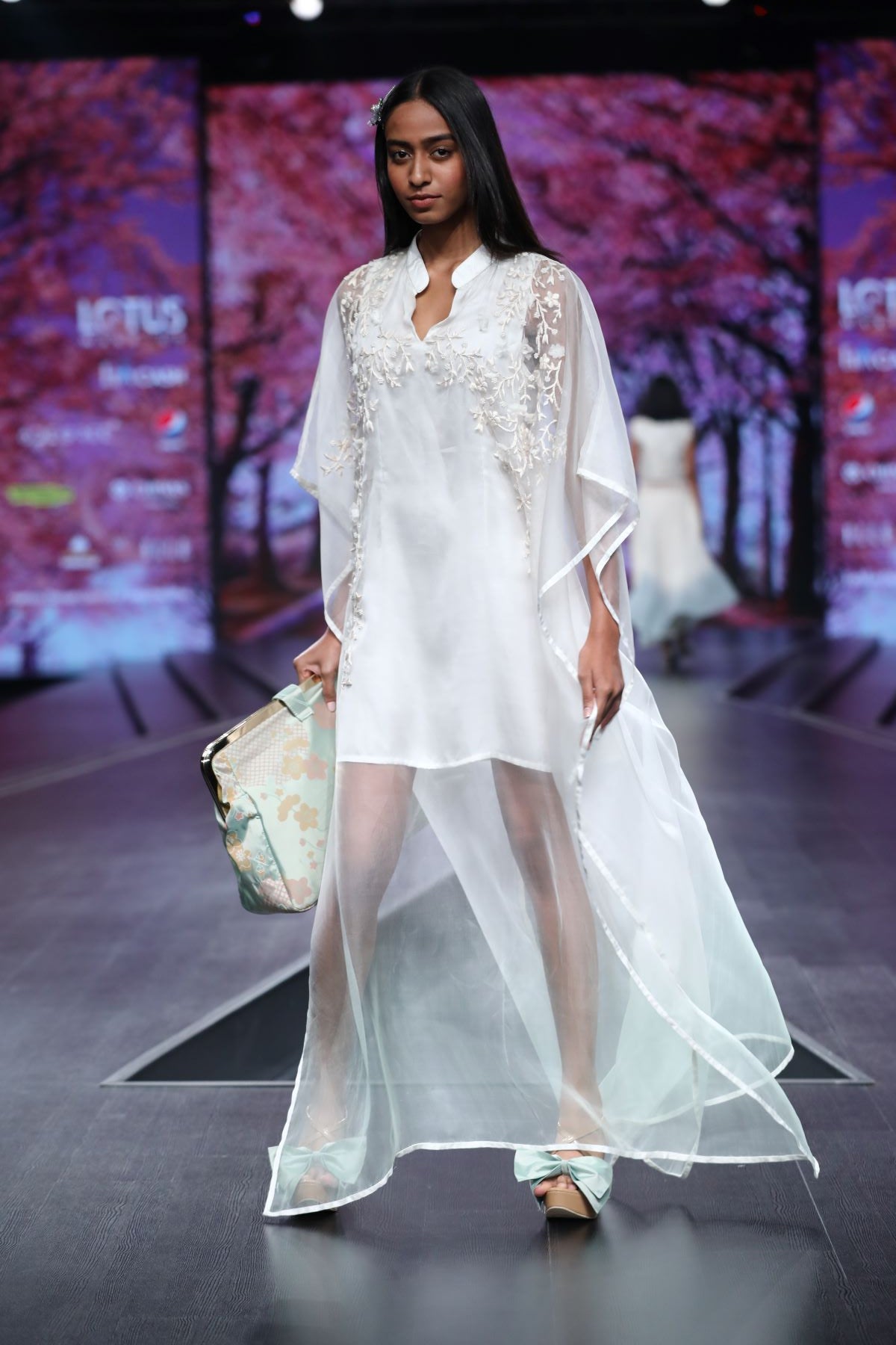 White Organza With Mint Ombre Kaftan With Embroidery