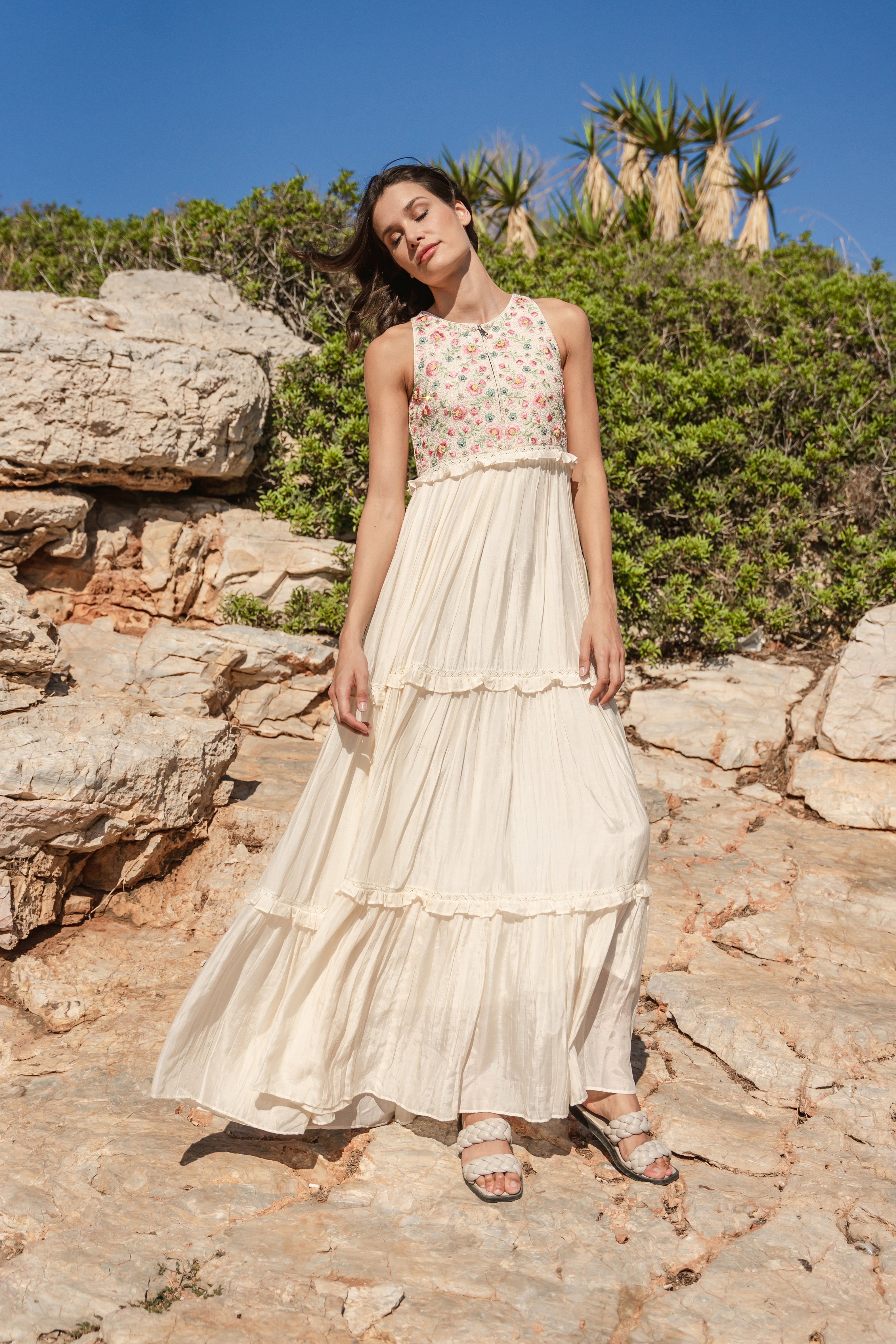 Bone mul tiered dress with embroidered bodice