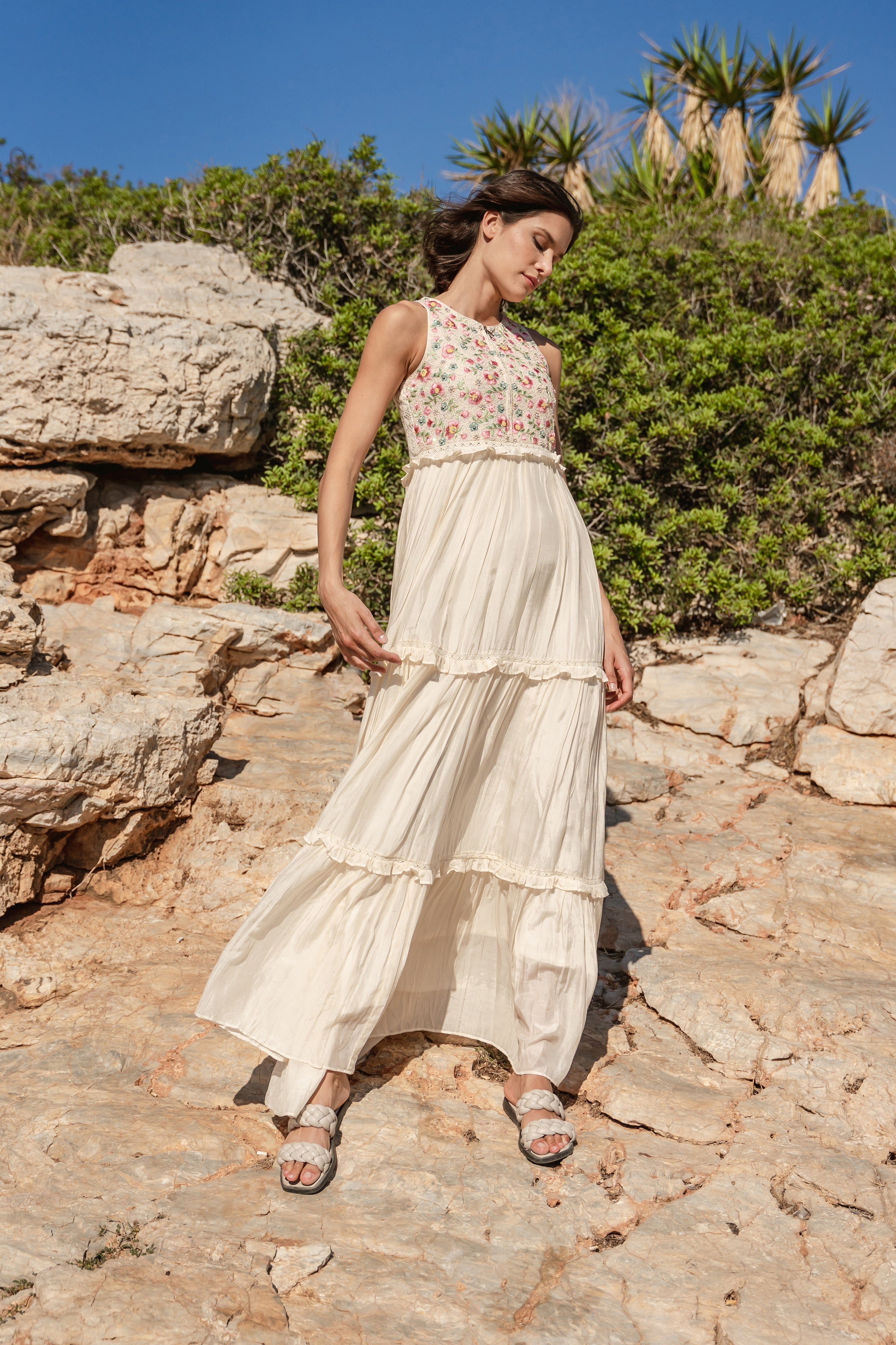 Bone mul tiered dress with embroidered bodice