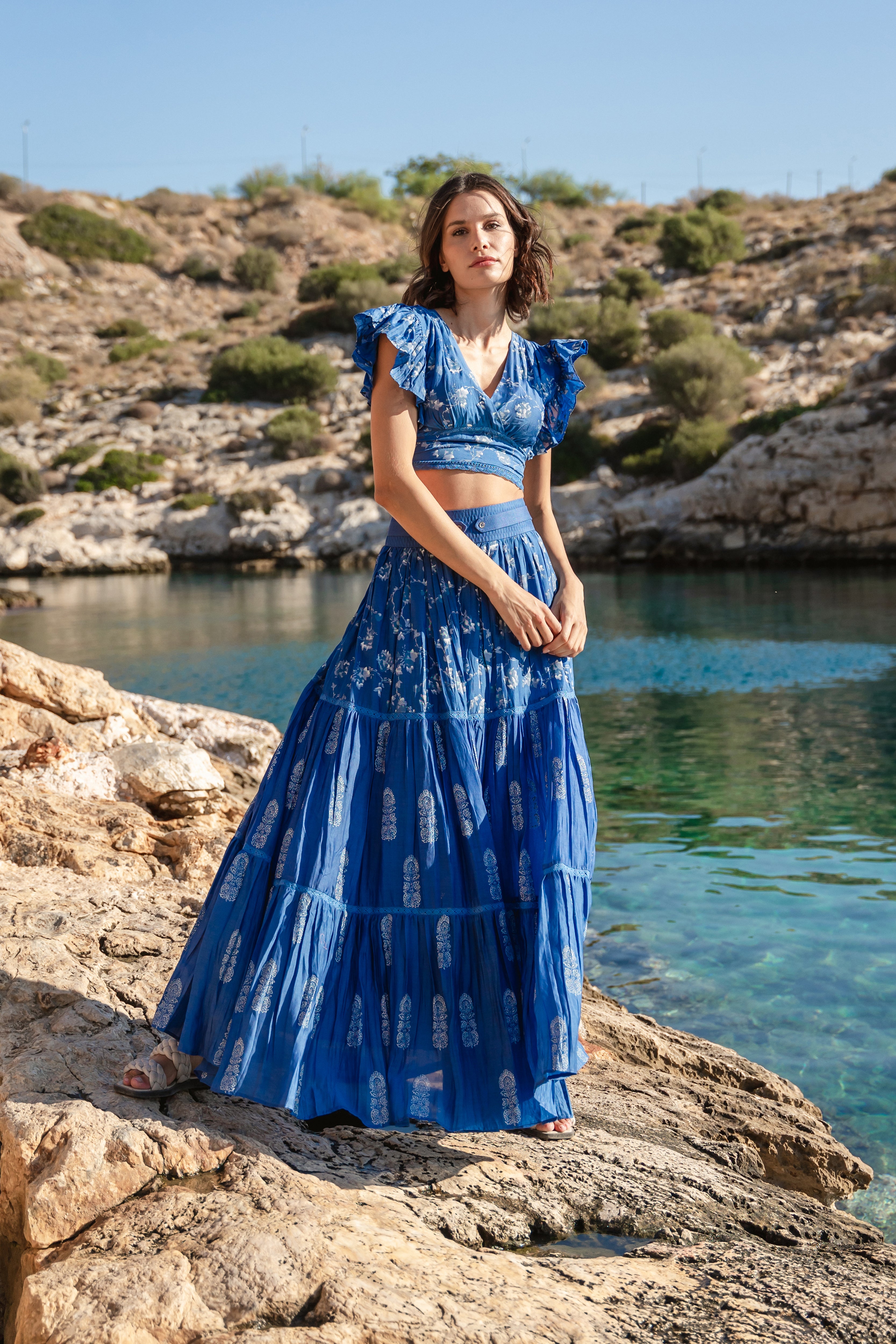 Blue cracker printed crop top and skirt