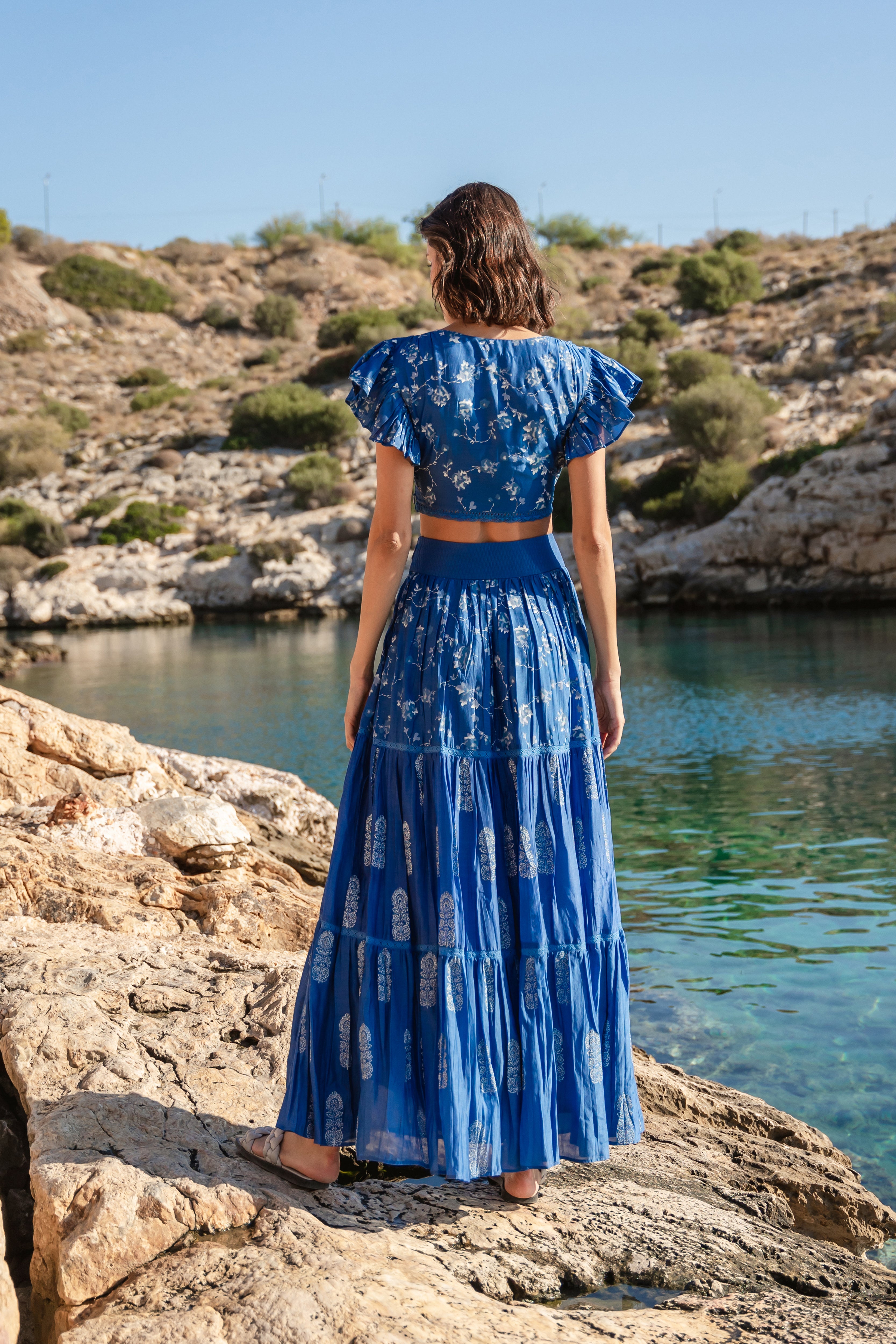 Blue cracker printed crop top and skirt